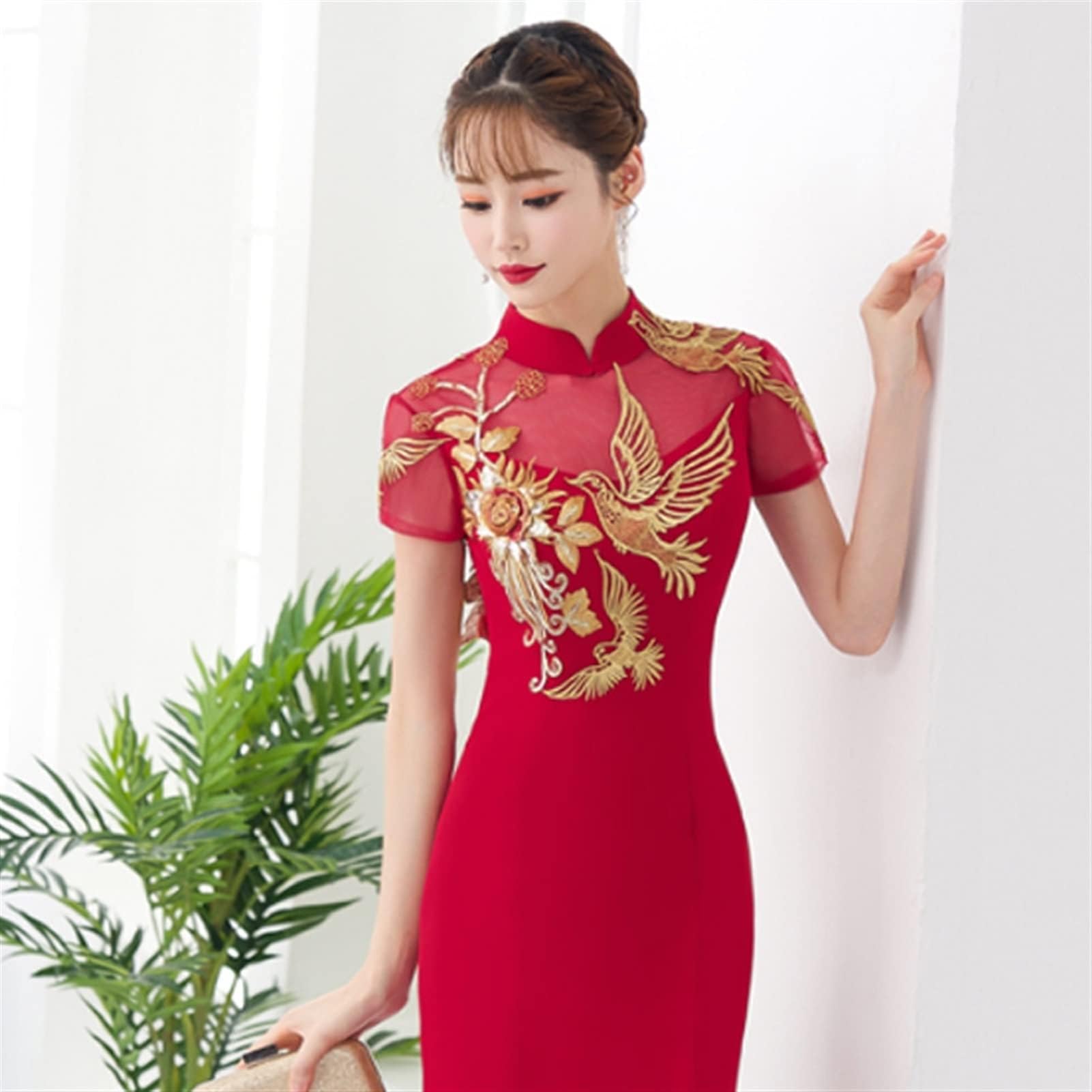 Elegant Red Traditional Chinese Qipao Wedding Dress - Embroidered Cheongsam Gown for Brides, Evening Party & Special Occasions (Red, XXL) | Perfect for Weddings, Cultural Events & Formal Gatherings