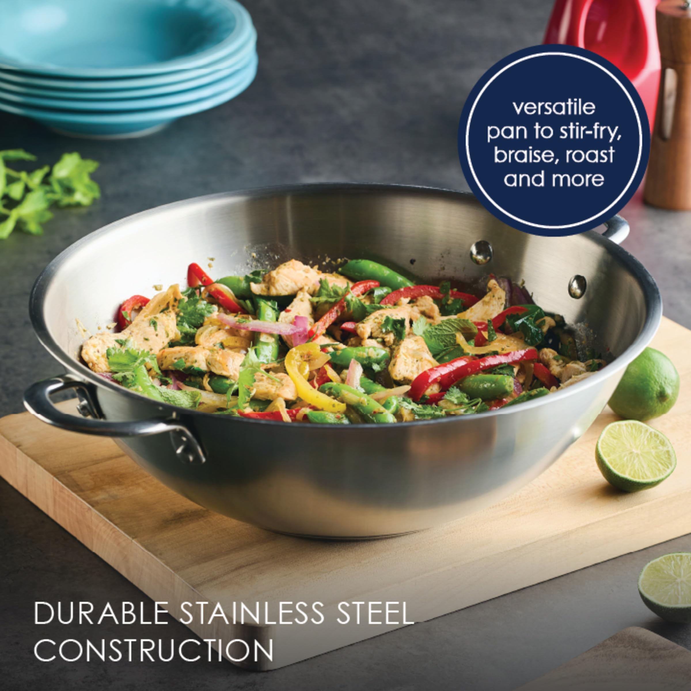 Rachael Ray Professional 14-Inch Stainless Steel Wok & Stir-Fry Pan - Induction Ready, All Cooktop Compatible, Dishwasher & Metal Utensil Safe - Perfect for Asian Cooking, Stir-Frying & High-Heat Searing