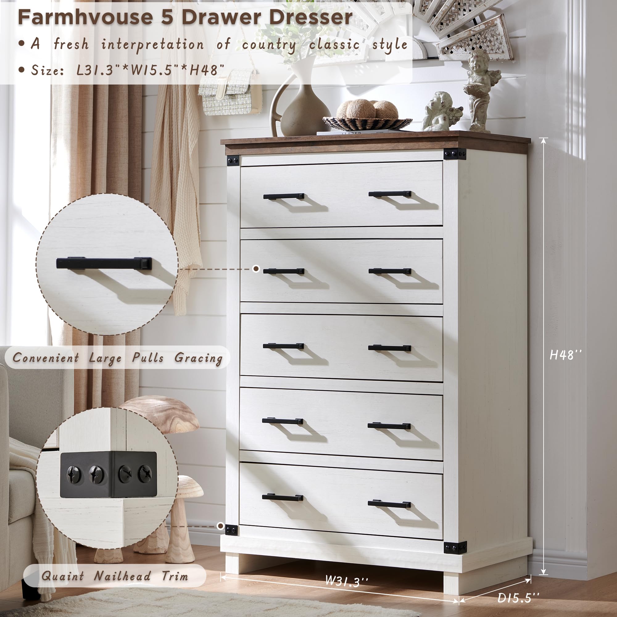 Farmhouse 5-Drawer Wood Dresser for Bedroom - Tall Chest of Drawers with Thick Plank Design, Rustic Closet Storage Organizer in Antique White - Perfect for Bedroom, Living Room & Guest Room Furniture