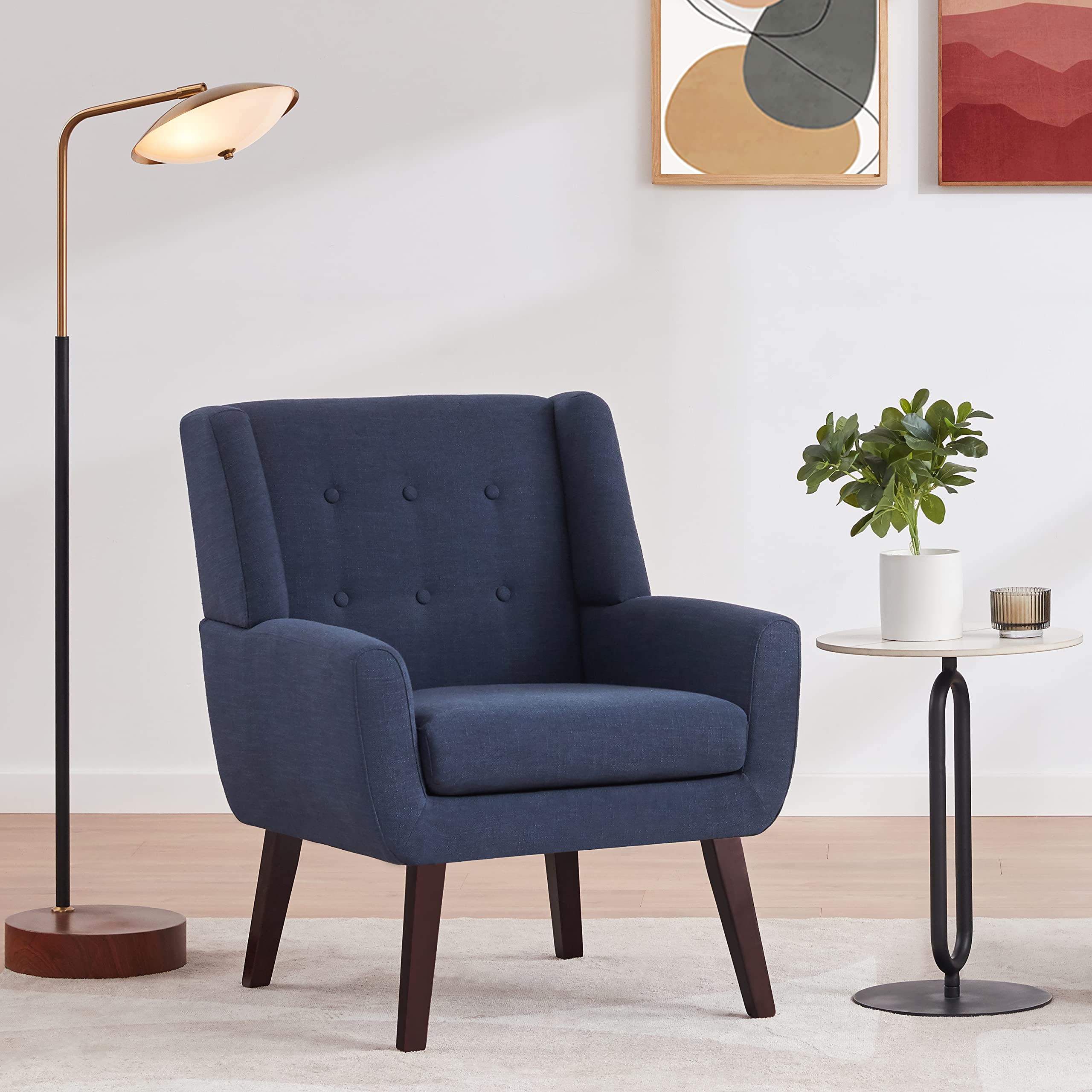HUIMO Mid Century Modern Accent Chair - Dark Blue Upholstered Button Tufted Armchair with Linen Fabric for Living Room, Bedroom & Office - Comfortable Reading Chair for Relaxation & Home Decor
