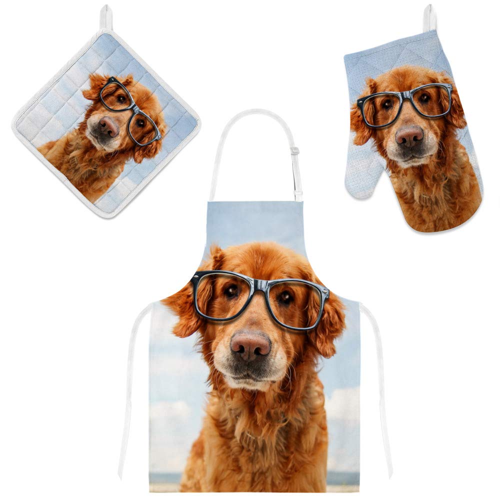 Heat Resistant Polyester Kitchen Oven Mitts & Potholder Set (3Pcs) - Cute Golden Retriever with Glasses Design, Non-Slip for Baking, Cooking, BBQ - Perfect for Home Kitchen & Outdoor Grilling