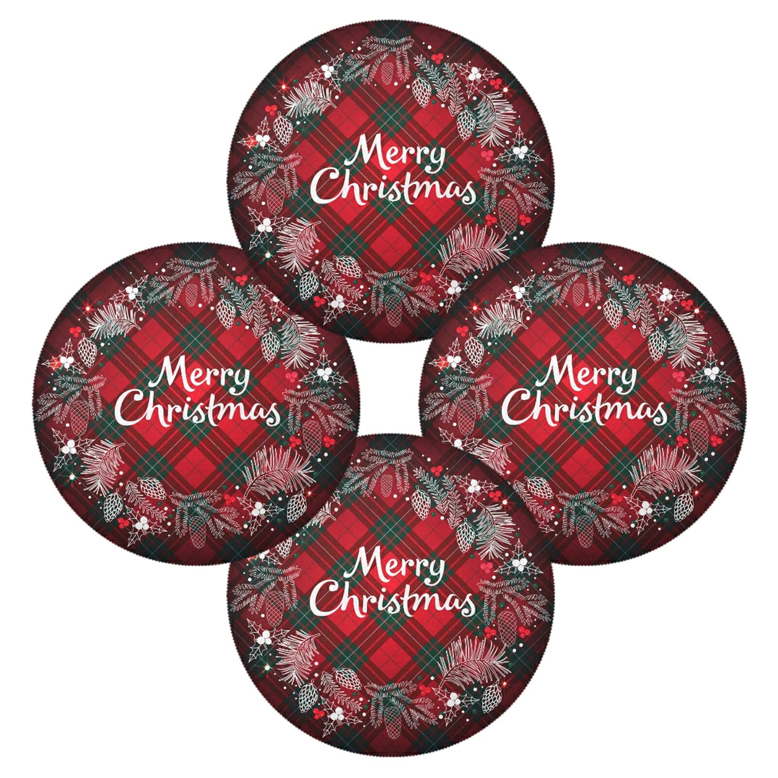 Kcldeci Christmas Round Placemats Set of 4 - 15 Inch Buffalo Check Plaid Wreath Design, Heat Resistant & Easy Care Holiday Dining Table Mats for Christmas Dinner, Party Decor & Festive Home Decor