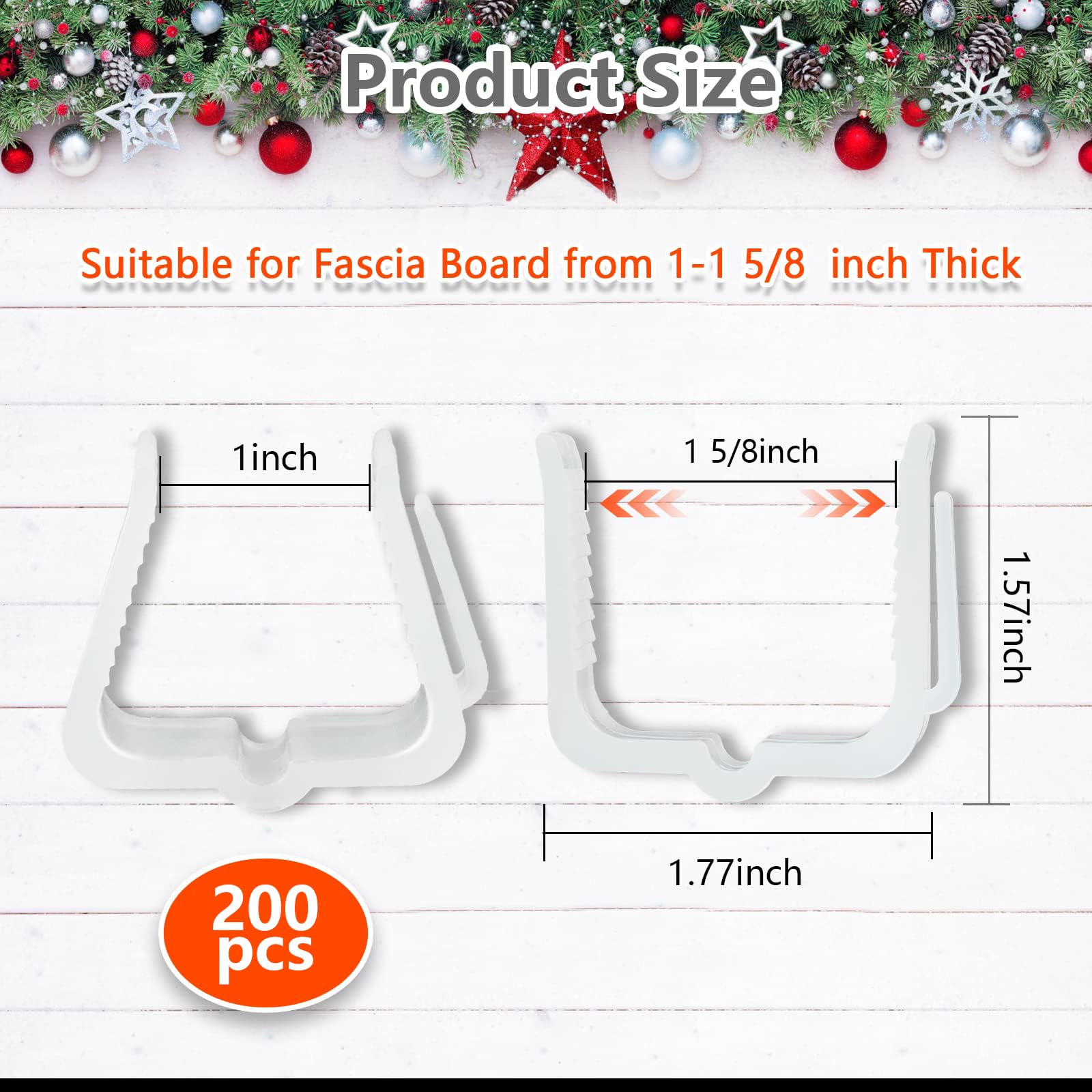 200PCS Christmas Light Clips for Fascia Board & Deck Banister - Heavy Duty Plastic Hangers for Indoor/Outdoor Holiday Lights (Fits 1