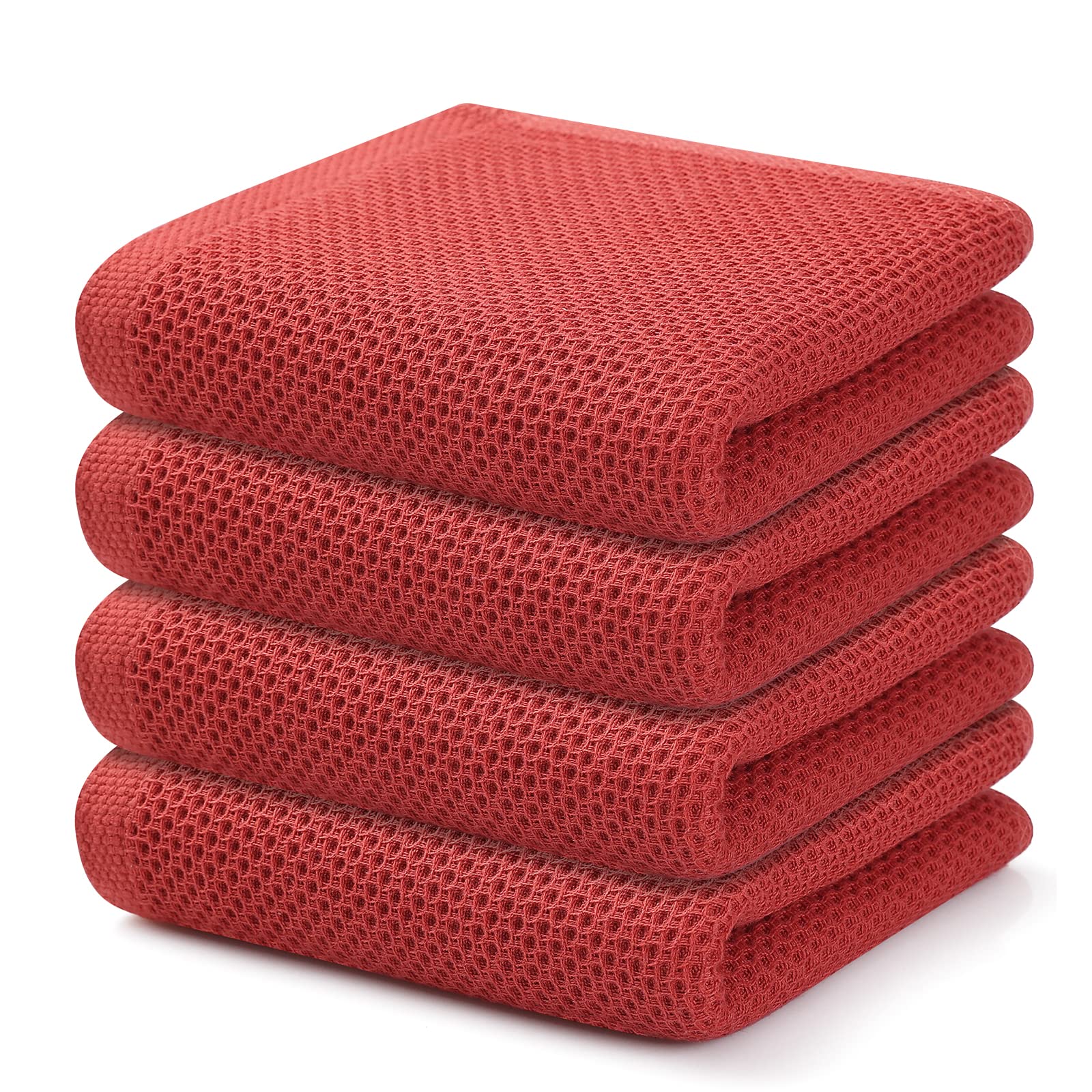 Kitinjoy 100% Cotton Waffle Weave Kitchen Towels - 4 Pack Super Soft & Absorbent Dish Cloths for Drying Dishes, Hands & Countertops (13x28 Inches, Brick Red) - Perfect for Everyday Kitchen Use, Cleaning & Decor