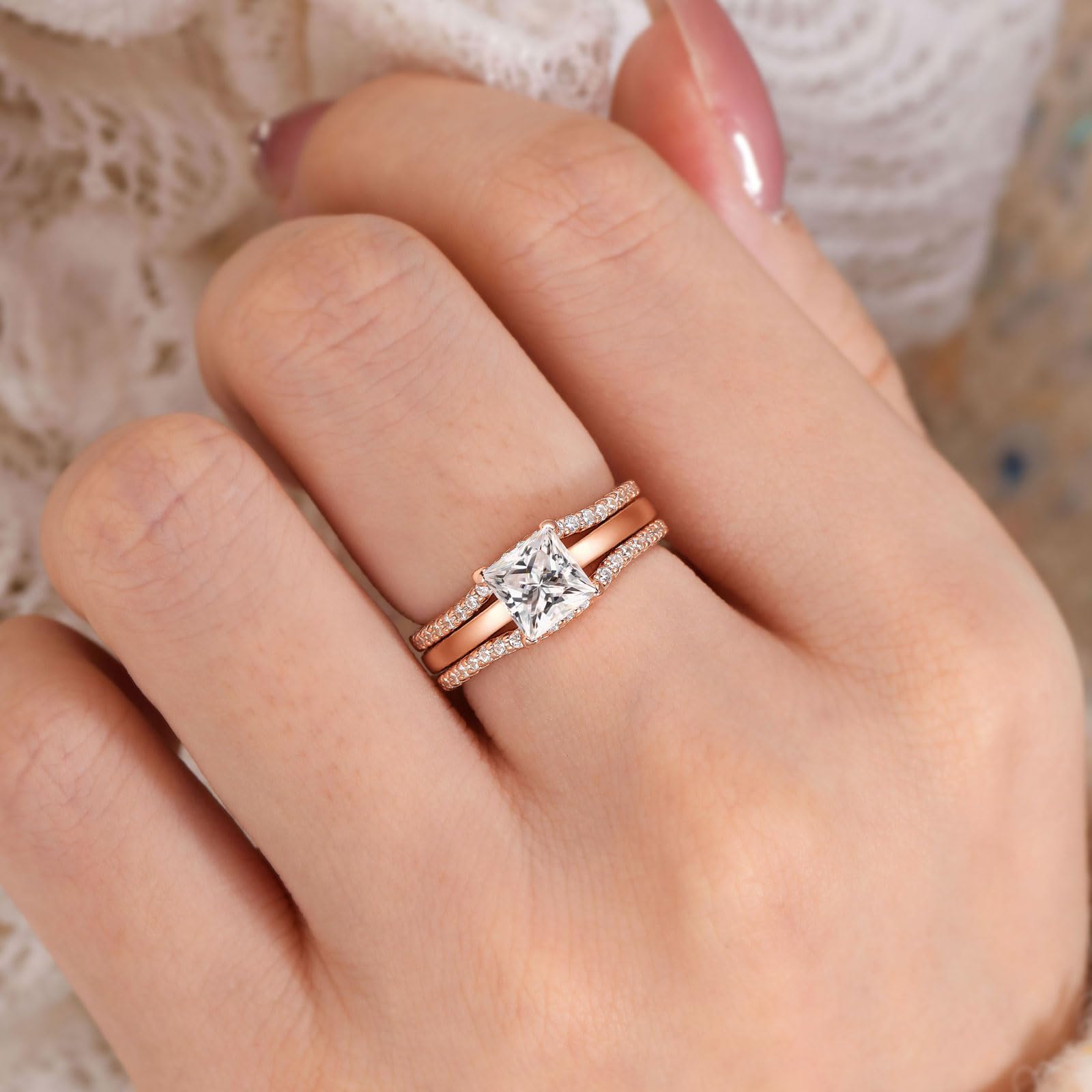 Princess Cut CZ Engagement Ring Set with Wedding Band & Ring Enhancer - Sterling Silver Sizes 5-12 | Perfect for Proposals, Anniversaries & Bridal Jewelry