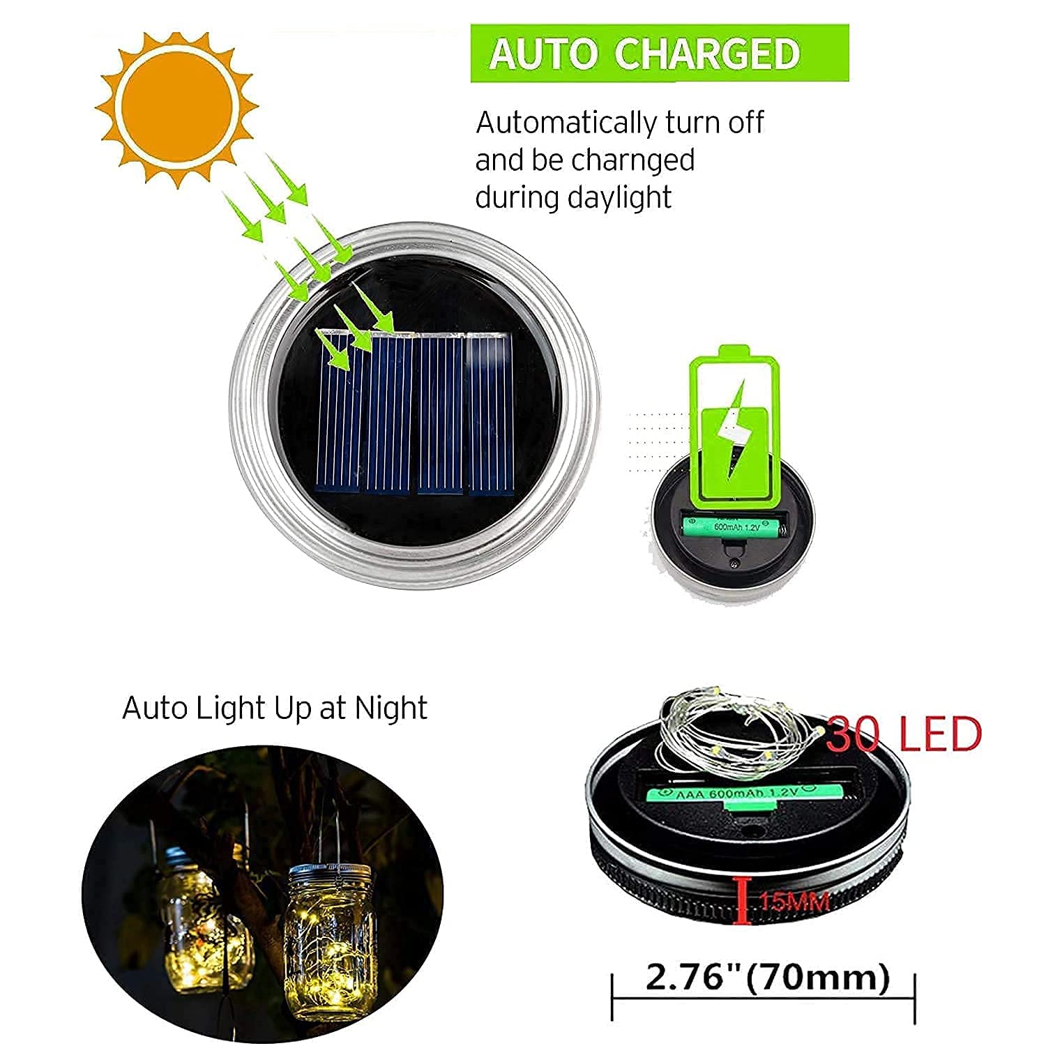 VOOKRY 6 Pack Solar Mason Jar Lids with 30 LED Lights & 8 Pack 20 LED Fairy String Lights - Waterproof Outdoor Decorative Lighting for Garden, Patio, Wedding, Party Decor