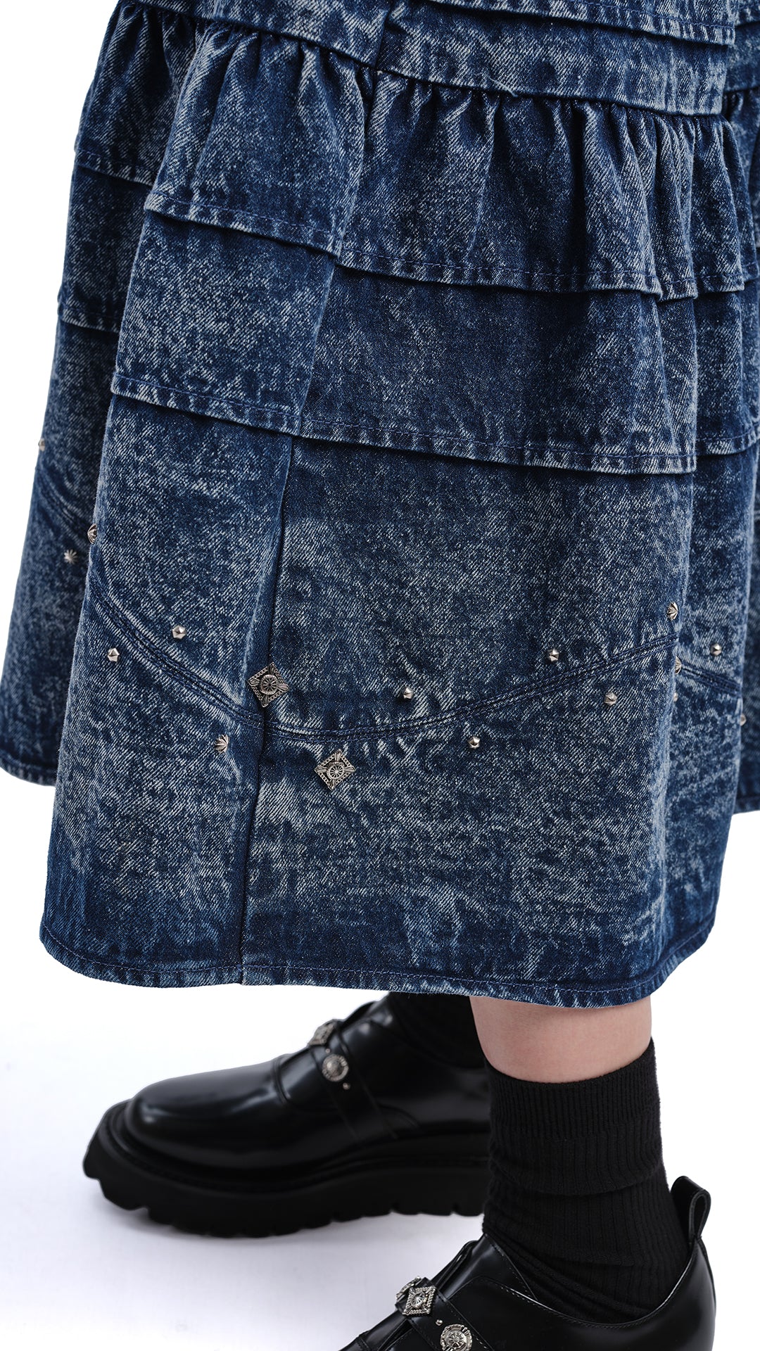 Vintage Stone Washed Studded Denim Skirt for Women - Distressed High Waist A-Line Mini Skirt with Metal Studs | Perfect for Casual Outfits, Rock Concerts & Streetwear Fashion