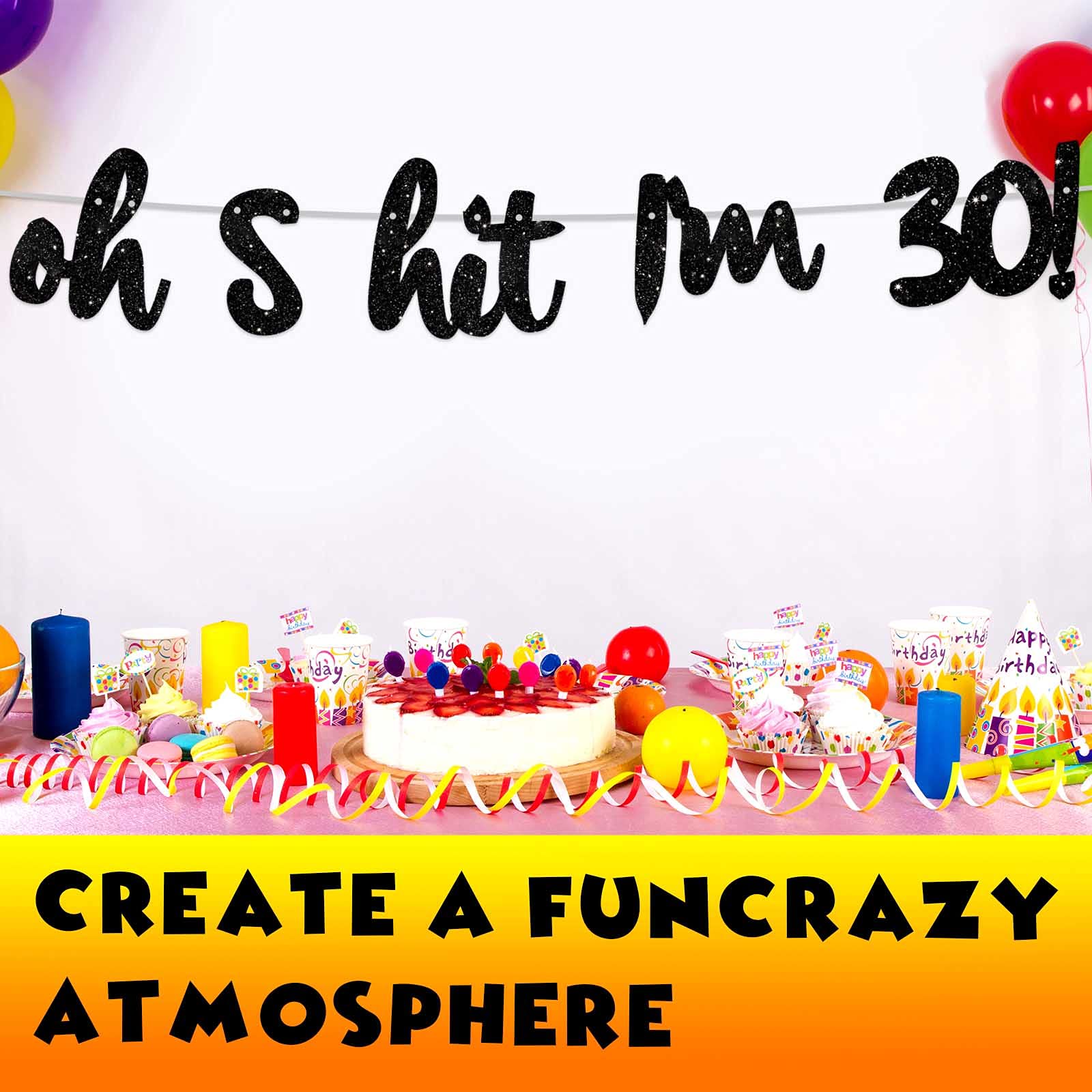 Black Glitter 'Oh I'm 30!' Birthday Banner Backdrop - Cheers to 30 Years Decor for Men & Women - Happy 30th Birthday Party Photo Studio Props, Flags & Supplies - Perfect for 30th Birthday Celebrations, Milestone Parties & Photo Booth Backgrounds