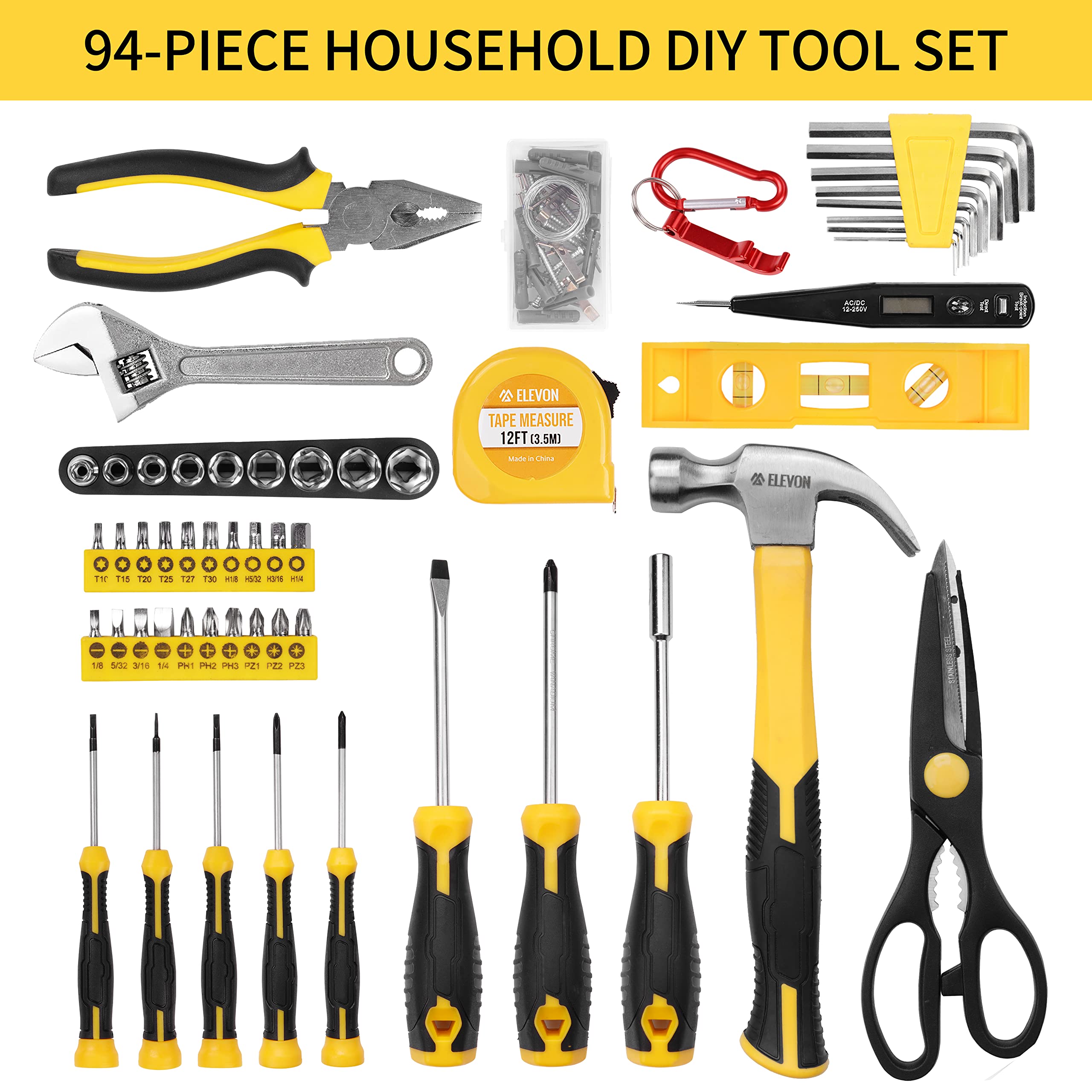 94-Piece Home & Auto Repair Tool Kit with Socket Wrench Set - Complete Hand Tool Combination for DIY Projects, Car Maintenance, and Household Fixes - Includes Durable Storage Case