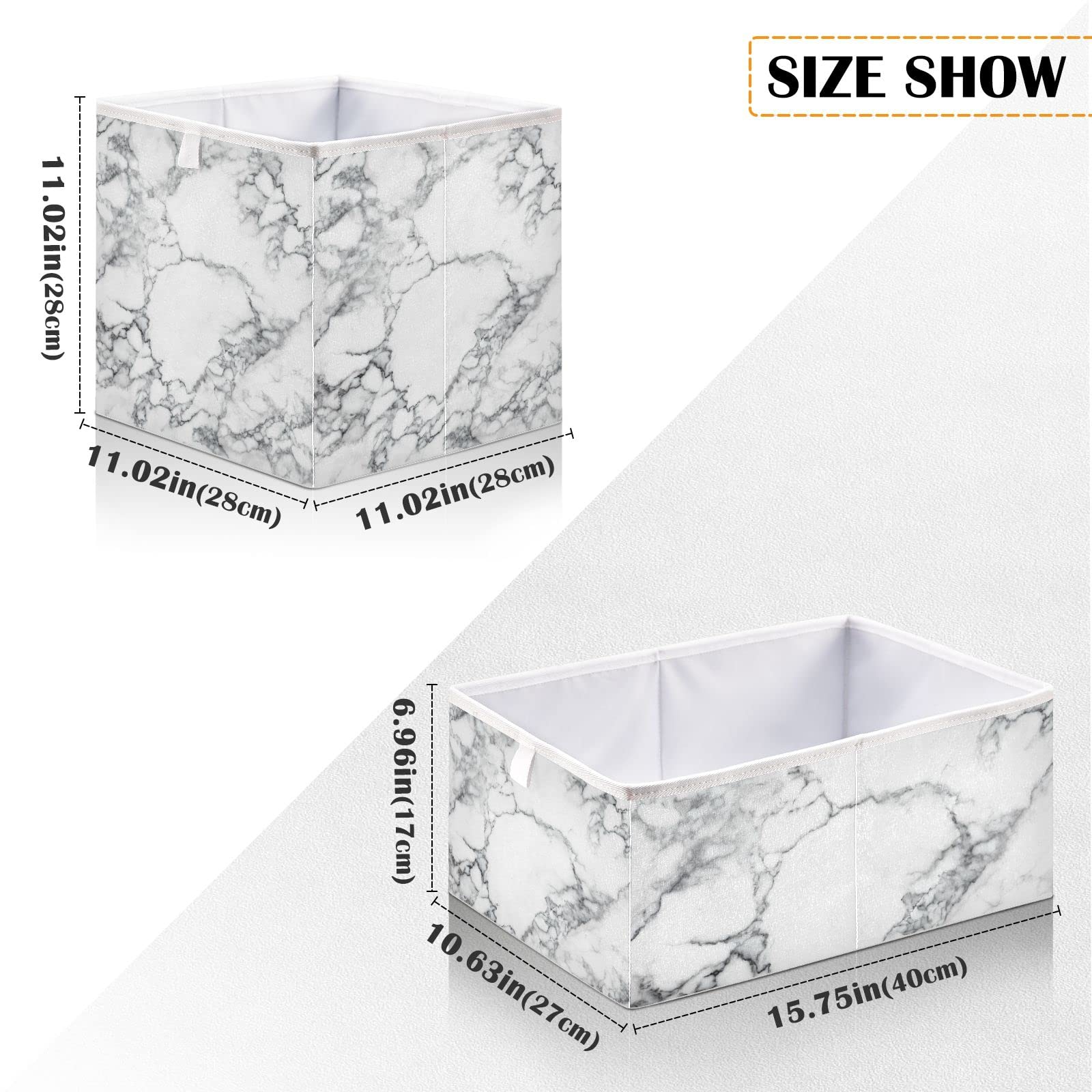 White Marble Storage Basket - Collapsible Square Bin for Nursery, Closet, Shelf & Car - Towel & Home Organizer - Perfect for Baby Room, Bathroom & Vehicle Storage