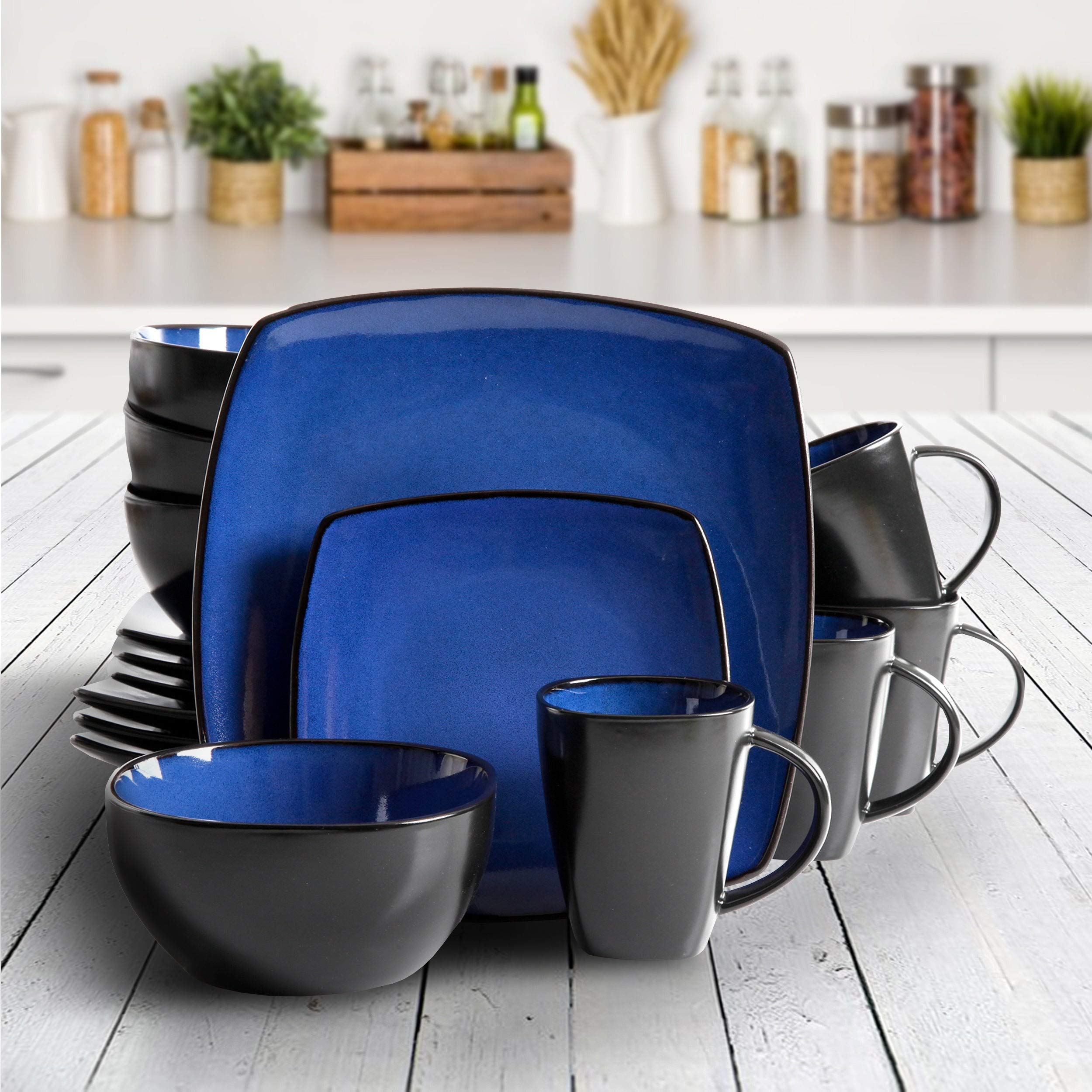 Modern Blue Solid Casual Round Stoneware Dinnerware Set - 16 Piece Microwave Safe Dish Set for Everyday Use, Medium Size - Perfect for Family Dinners, Parties & Casual Dining