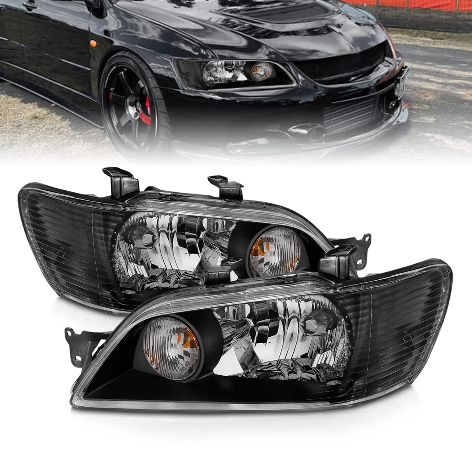 AmeriLite Black Replacement Headlights Set for 2002-2003 Mitsubishi Lancer - Left & Right Side Headlamps - Improve Night Visibility & Style Upgrade for Daily Driving & Car Shows