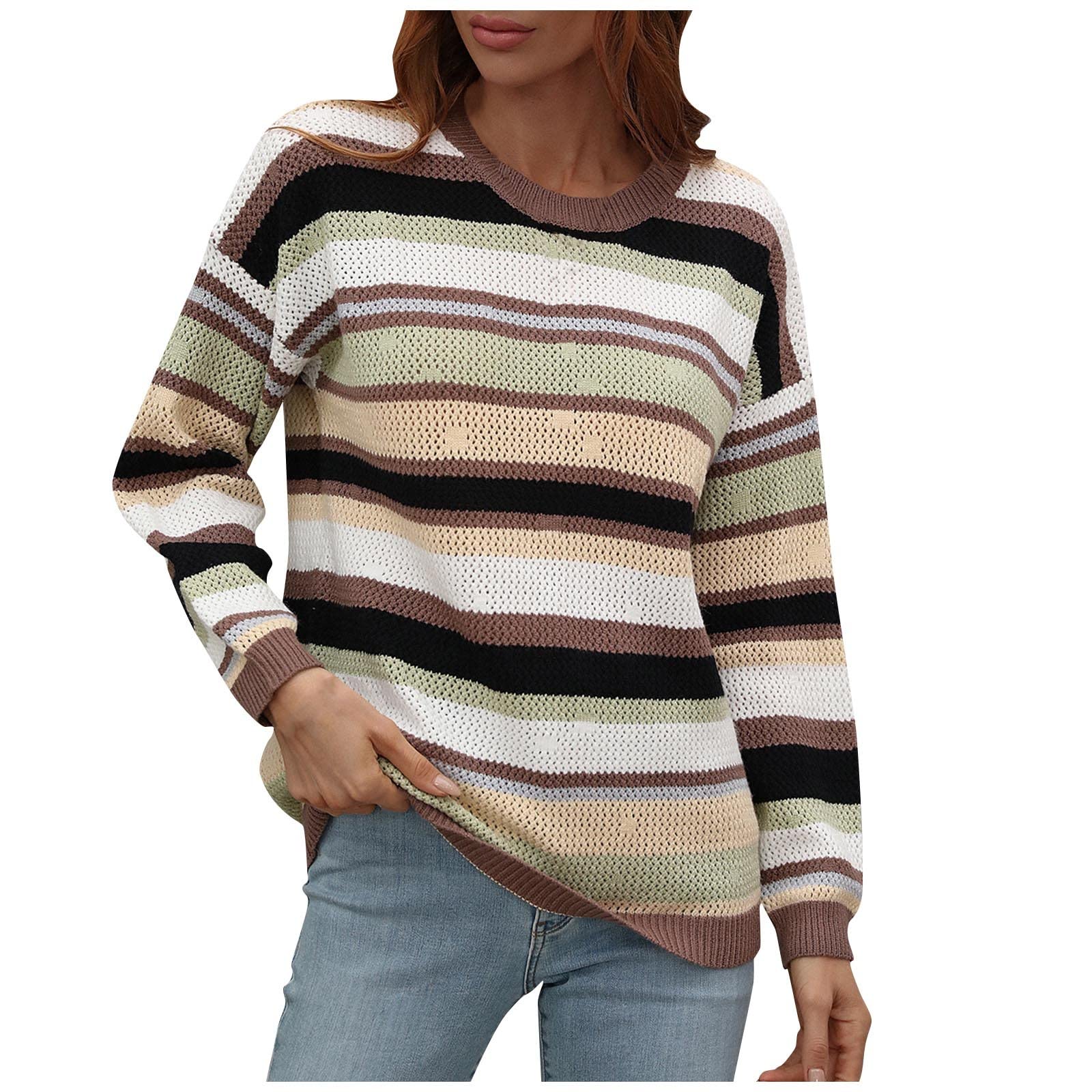 Women's Long Sleeve Striped Sweater - Soft Waffle Knit Crewneck Pullover for Fall & Winter | Cozy Casual Loose Top for Work, Travel & Everyday Wear