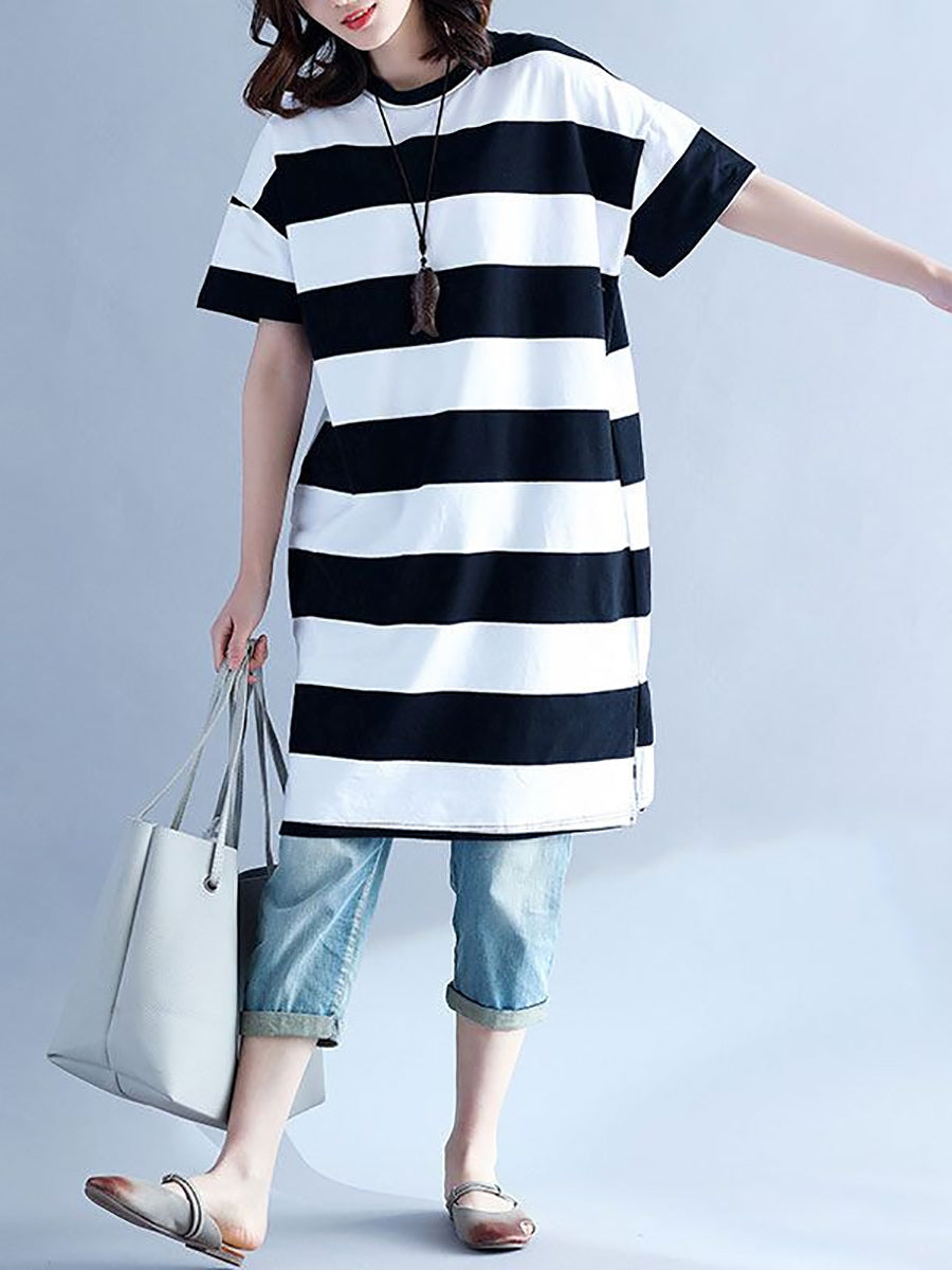 Plus Size Women's Casual Striped O-Neck Short Sleeve Loose Summer Dress - Perfect for Beach Vacation, Weekend Outings and Daily Wear
