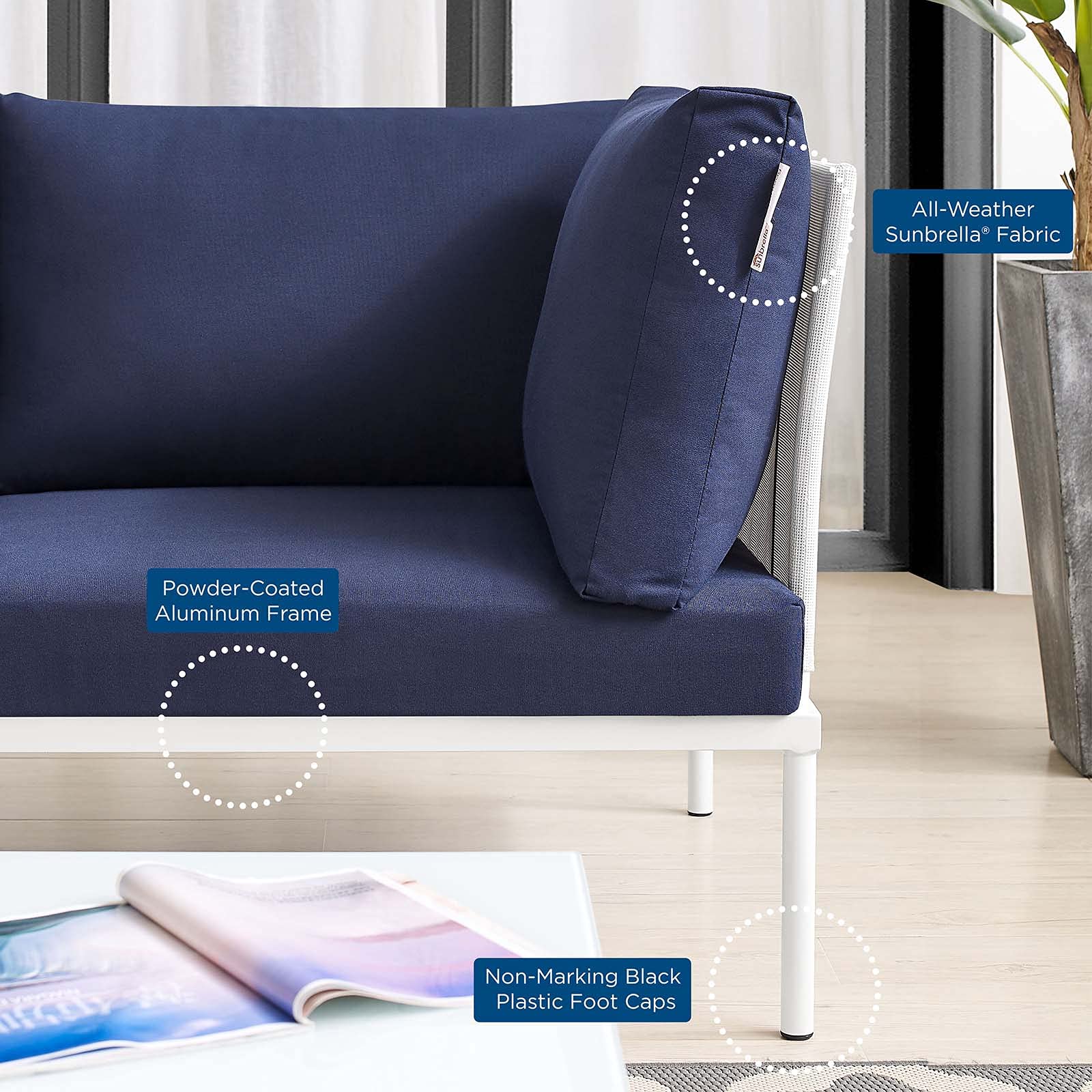 Modern Outdoor Patio Lounge Sectional Sofa Set with Chair & Table - Aluminum Frame in White, Blue & Navy - Perfect for Backyard, Poolside & Garden Relaxation