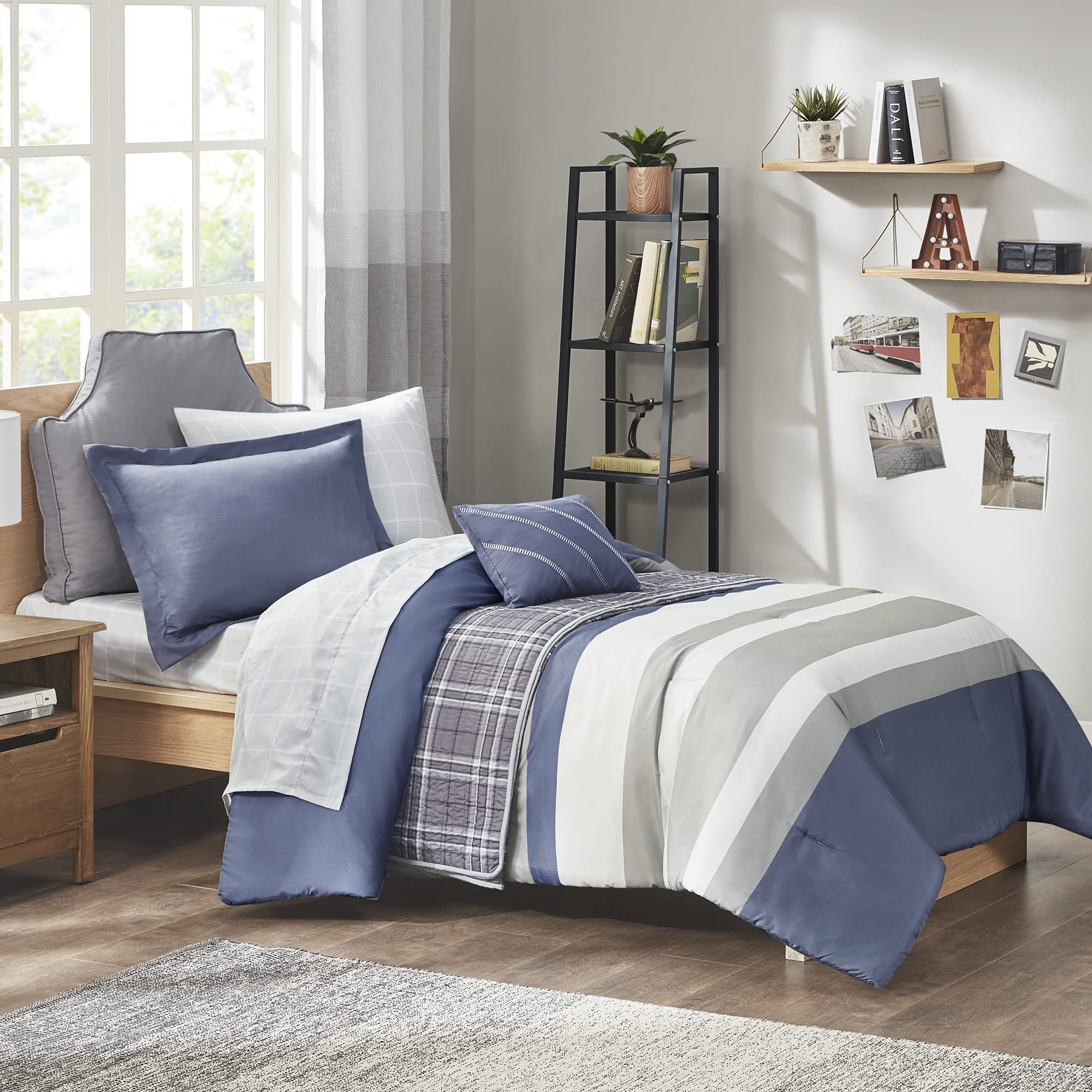 Intelligent Design Marsden Comforter Set - Striped Embroidered Toss Pillow & 6-Piece Sheet Set for Twin XL Bed | All-Season Blue/Grey Bedding | Perfect for Guest Rooms, Dorms & Cozy Bedroom Makeovers