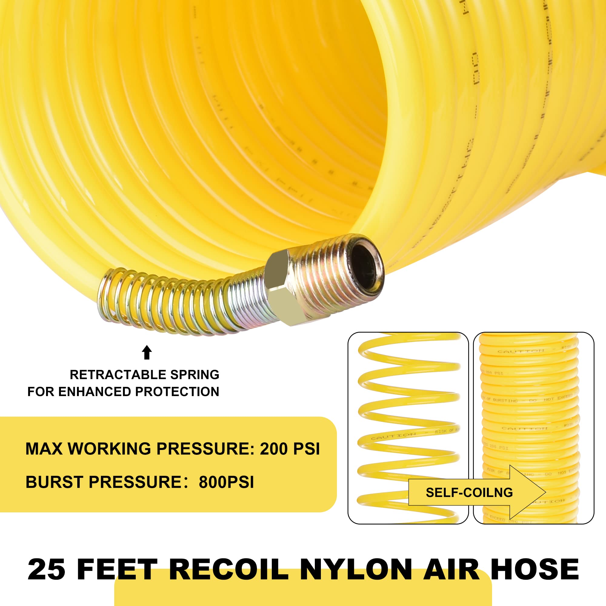 16-Piece Air Compressor Accessories Kit - 1/4 Inch x 25 Feet Recoil Nylon Hose, 1/4