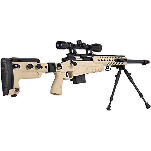 Lancer Tactical WellFire MB4418-3 Bolt Action Airsoft Sniper Rifle - 380 FPS with Scope & Bipod (Tan) - Perfect for Outdoor Skirmishes, Target Practice & Airsoft Competitions