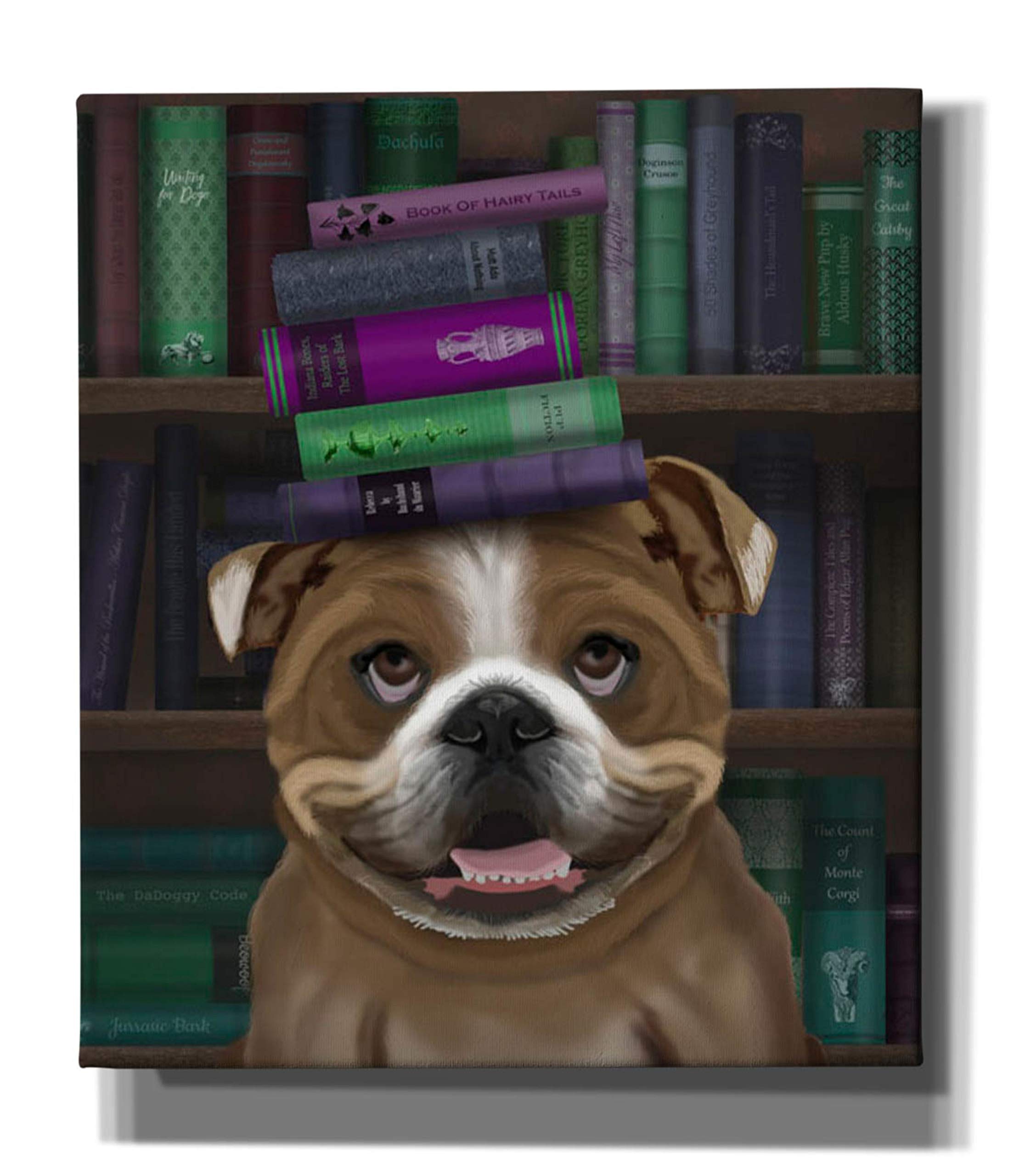 Epic Graffiti 'English Bulldog And Books' Canvas Wall Art by Fab Funky - 26x30 Inches Modern Home Decor for Living Room, Bedroom & Office