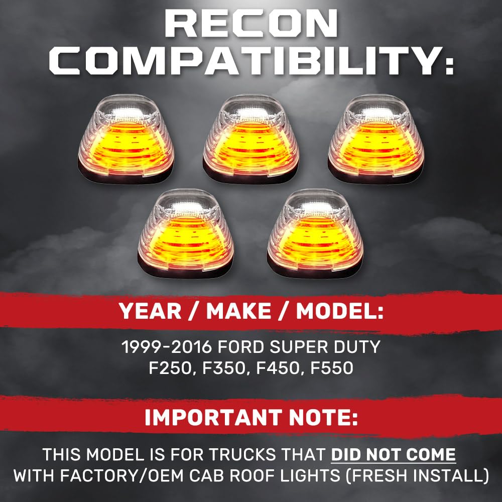 RECON 5-Piece Clear Lens Amber LED Cab Lights Kit for 1999-2016 Ford Super Duty F250 F350 F450 F550 Trucks (Non-Factory Cab Light Models) - Upgrade Your Truck's Visibility & Style for Night Driving and Off-Road Adventures
