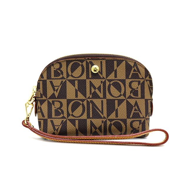 Bonia Monogram Zipper Pouch - Premium Leather Cosmetic Bag for Women, Travel Makeup Organizer (Brown) | Perfect for Everyday Essentials, Gym, Travel & Gift Giving