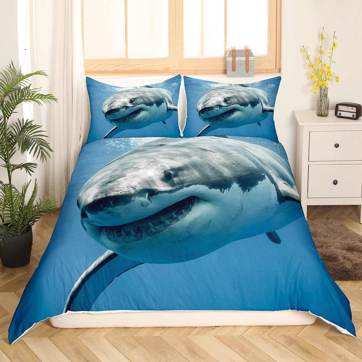 Shark Themed Bedding Set for Adults - Marine Ocean Sea Animal Print Duvet Cover & Pillowcase 2Pcs Twin Size - Underwater World Decor for Coastal Bedroom, Kids Room or Beach House