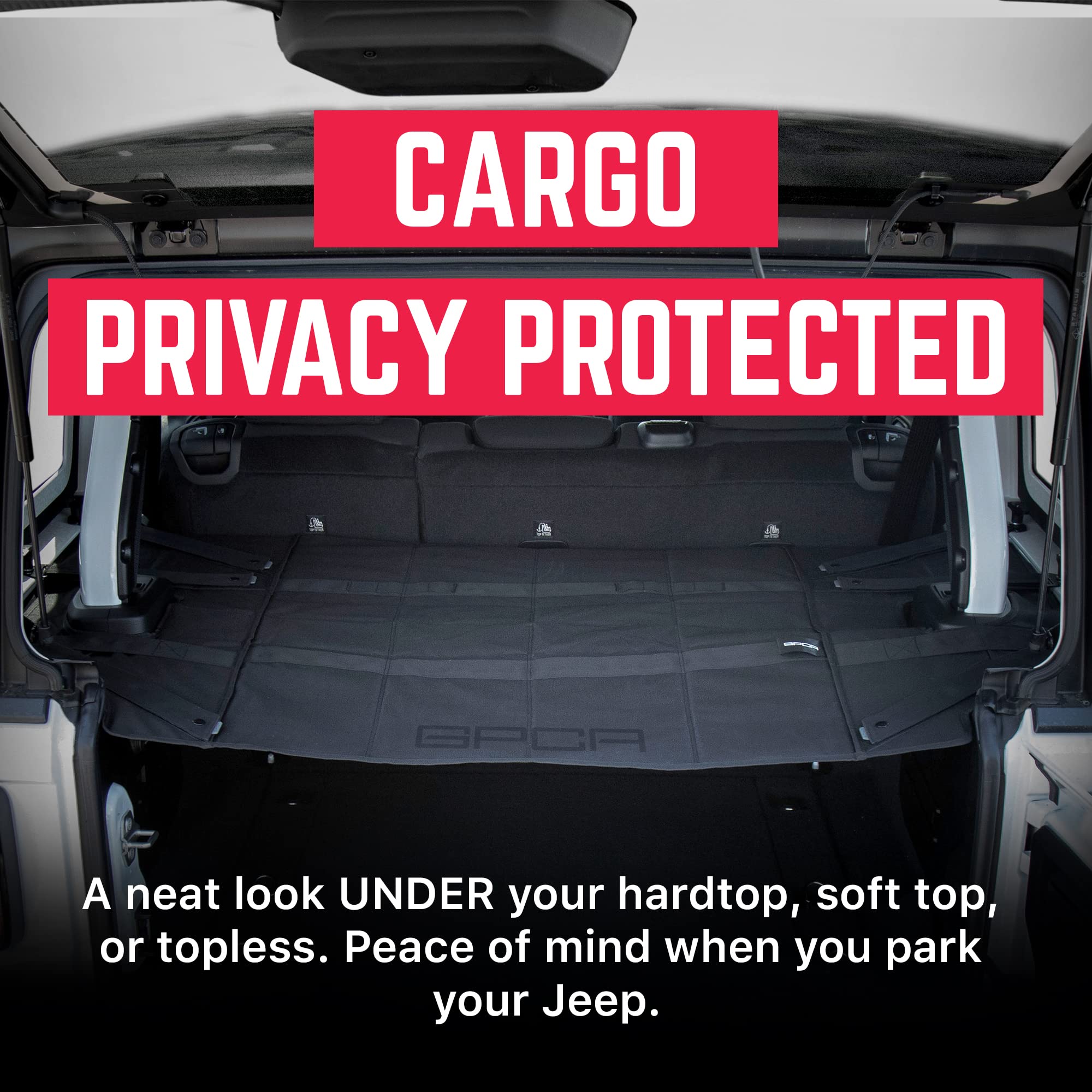 GPCA Cargo Cover Pro - Heavy Duty Under Hardtop/Topless Trunk Cover for Jeep Wrangler JL 2018-2024 (4DR Sport, Sahara, Rubicon & Freedom Unlimited) | Easy Installation, Patented Design | Perfect for Off-Roading, Camping & Daily Storage