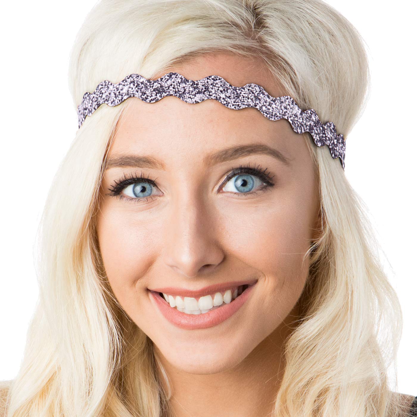 Sparkly Bling Adjustable No-Slip Headbands for Women, Girls & Teens - PETITE Size, Mixed 2pk (Gunmetal Glitter) - Perfect for School, Sports, Work & Everyday Fashion Accessories