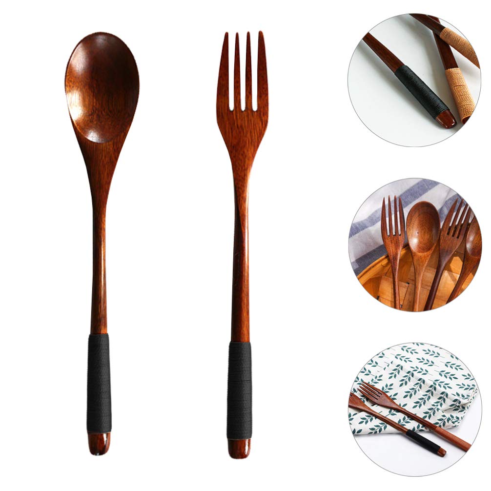 Japanese Wooden Handle Fork and Spoon Set - Eco-Friendly Bamboo Flatware for Everyday Dining, Picnics, Camping & Travel - Portable Wooden Cutlery for Home, Office & Outdoor Use