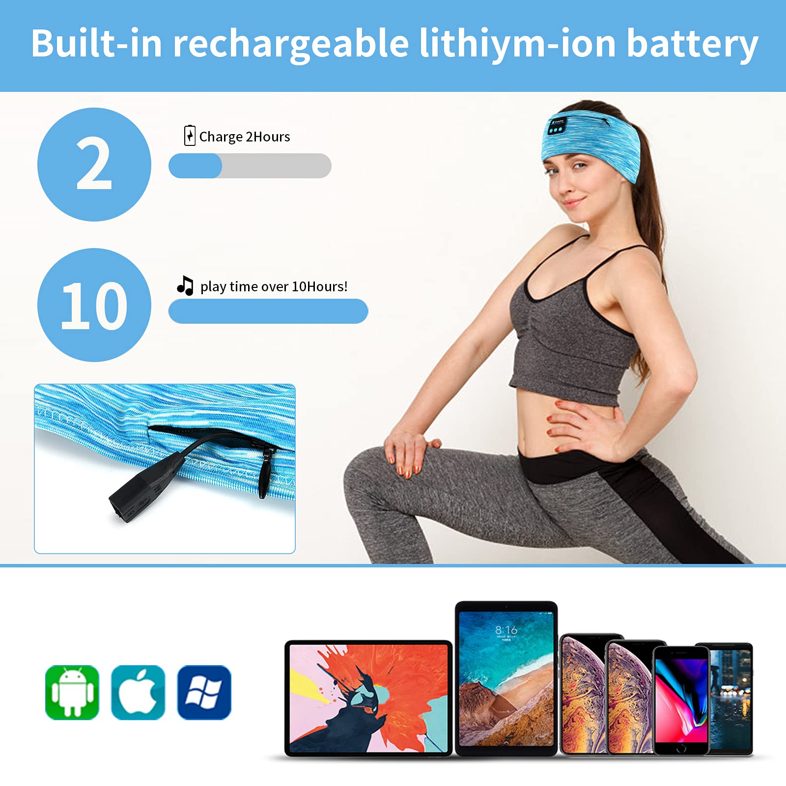 Wireless Sleep Headphones Headband with Zip Pocket - Ultra-Thin HD Stereo Speakers for Side Sleepers | Bluetooth Sports Headphones for Running, Yoga, Meditation & Relaxation (Blue) - Perfect for Nighttime Comfort & Workout Sessions