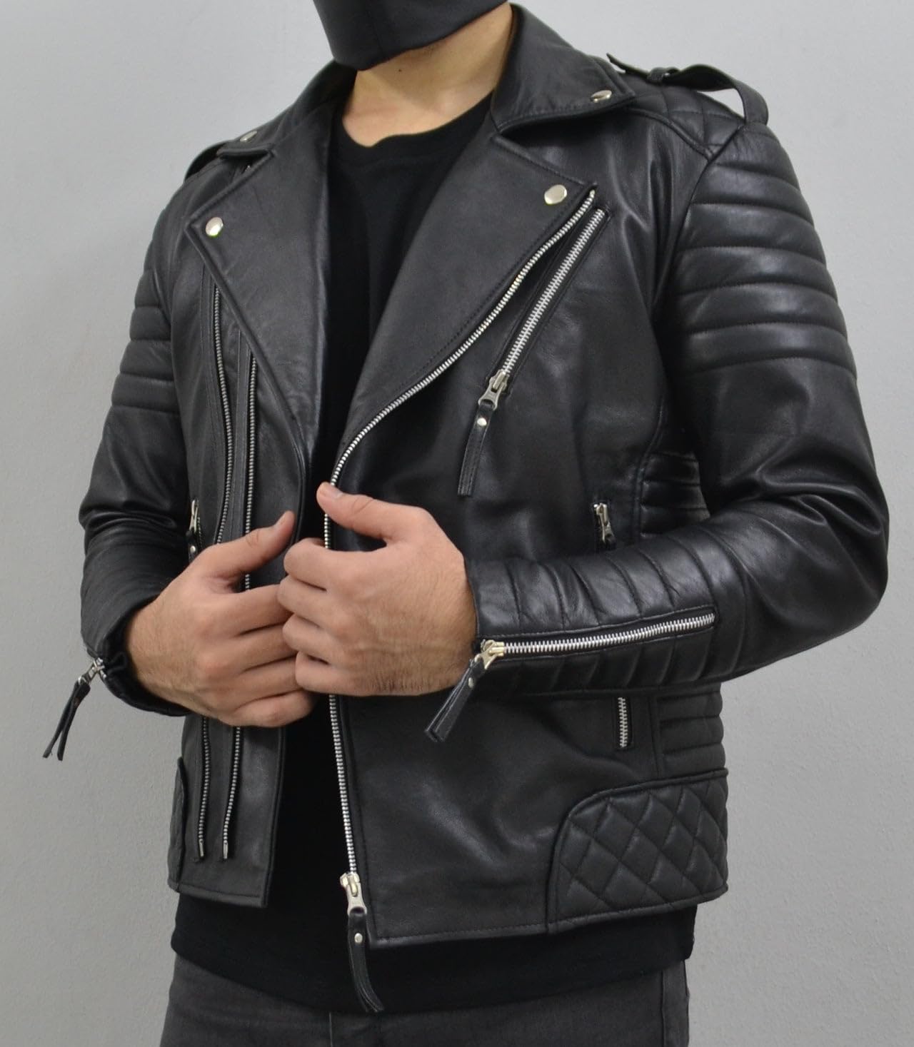 Men's Real Lambskin Leather Jacket - Slim Fit Biker Motorcycle Jacket for Men - Lightweight Black Leather Jacket for Riding, Casual Wear & Outdoor Adventures