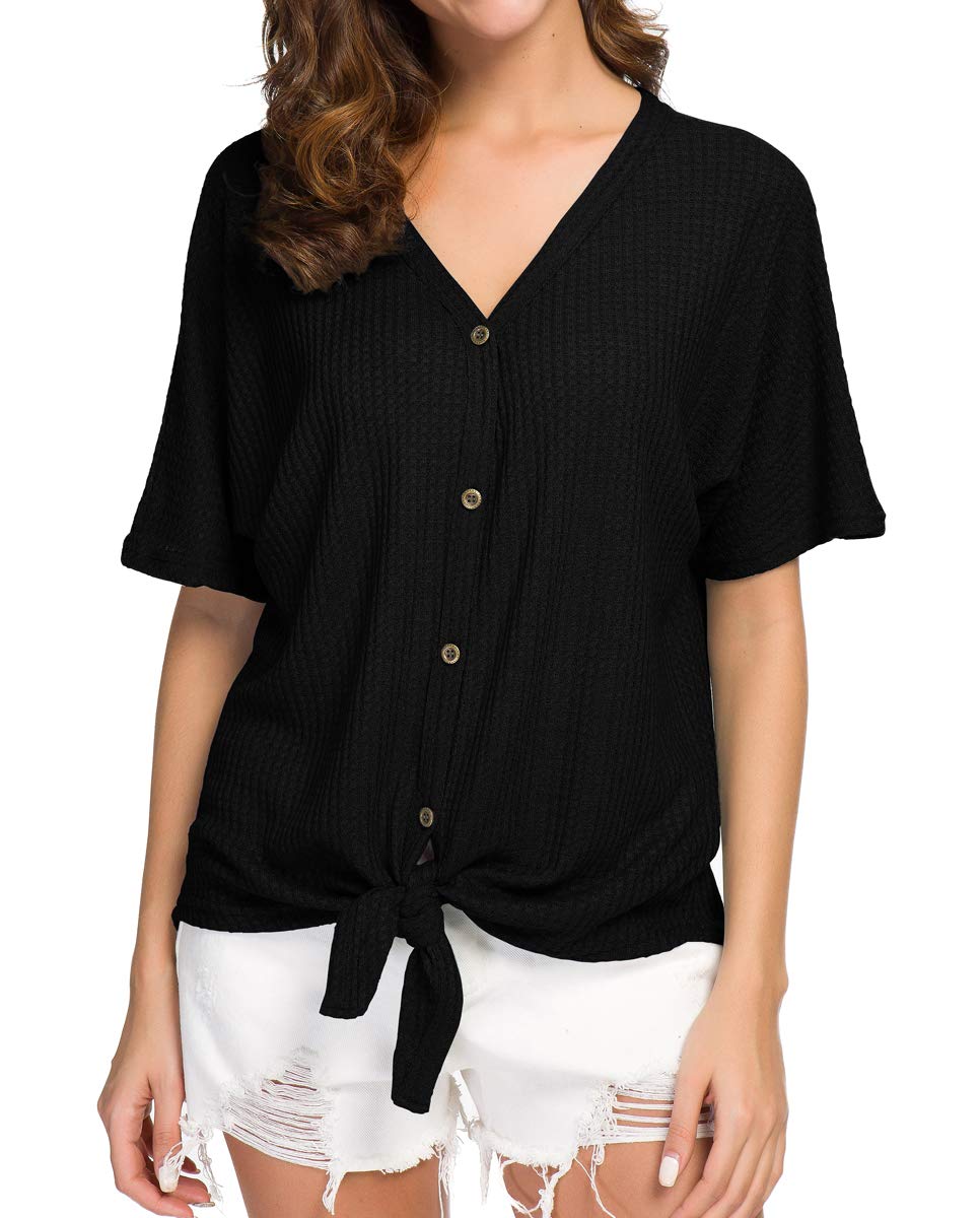 IWOLLENCE Women's Waffle Knit Tunic Blouse - Tie Knot Short Sleeve Henley Top, Loose Fit Batwing Shirt for Casual Wear, Office & Date Night Outfits