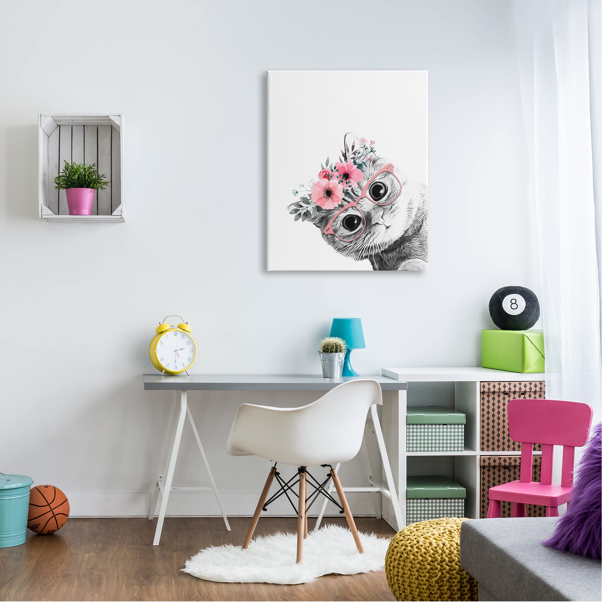 Stupell Industries Pink Flower Crown Cat Glasses - Minimalist Monochrome Wall Art by Annalisa Latella | Perfect for Living Room, Bedroom & Office Decor