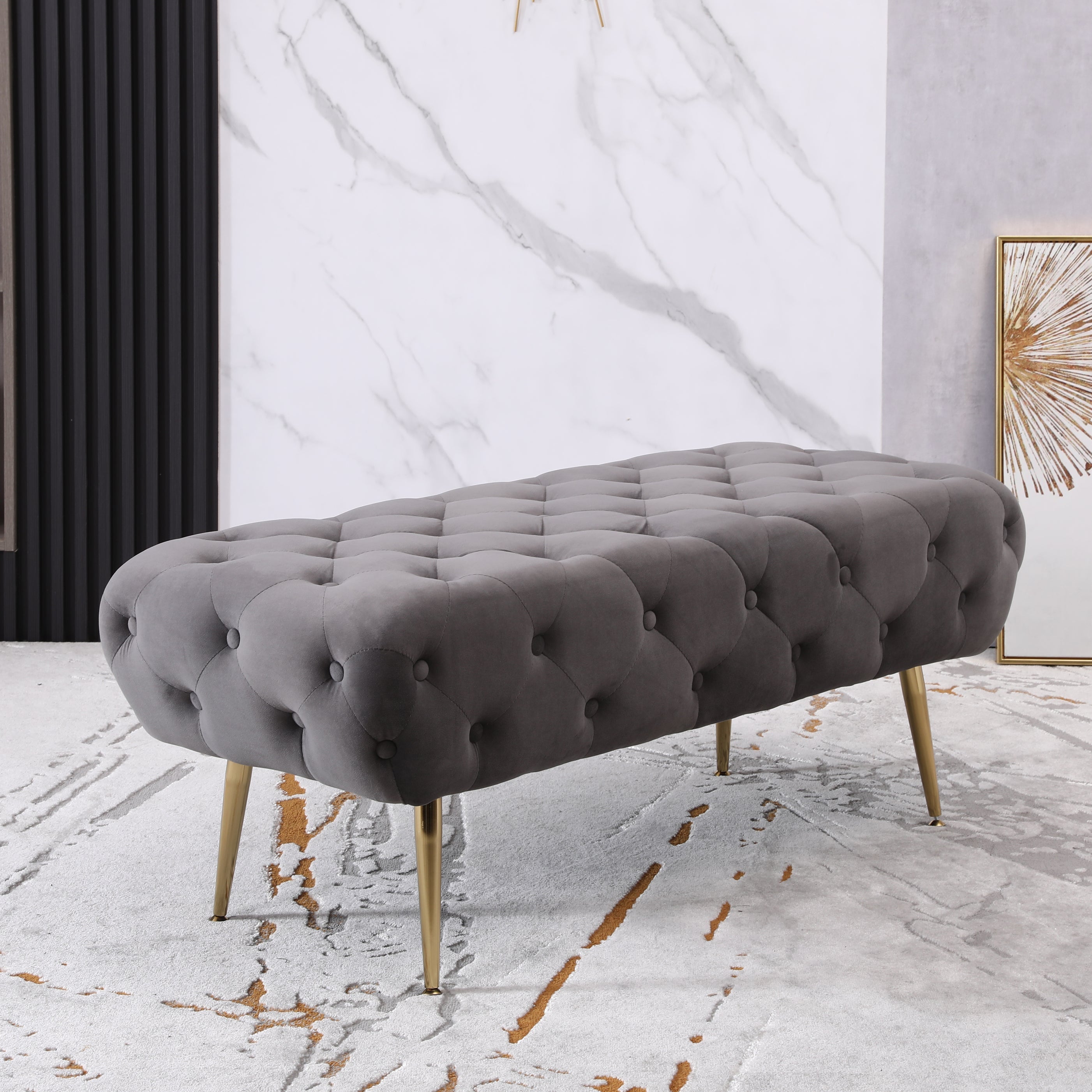 Roundhill Furniture Sira Velvet Button Tufted Bench with Gold Metal Legs - Gray Upholstered Storage Ottoman for Living Room, Bedroom, or Entryway
