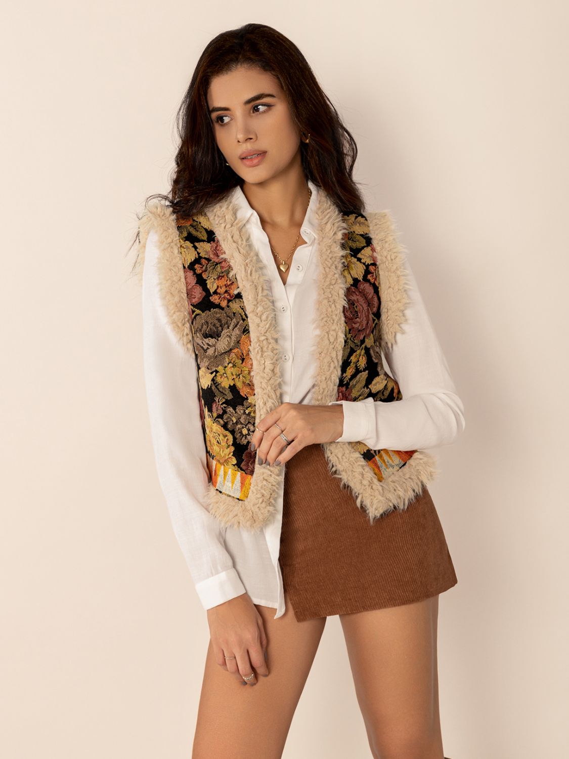 Embroidered Fuzzy Trim Open Front Vest Coat for Women - Cozy Winter Layering Piece for Casual Outfits & Outdoor Activities