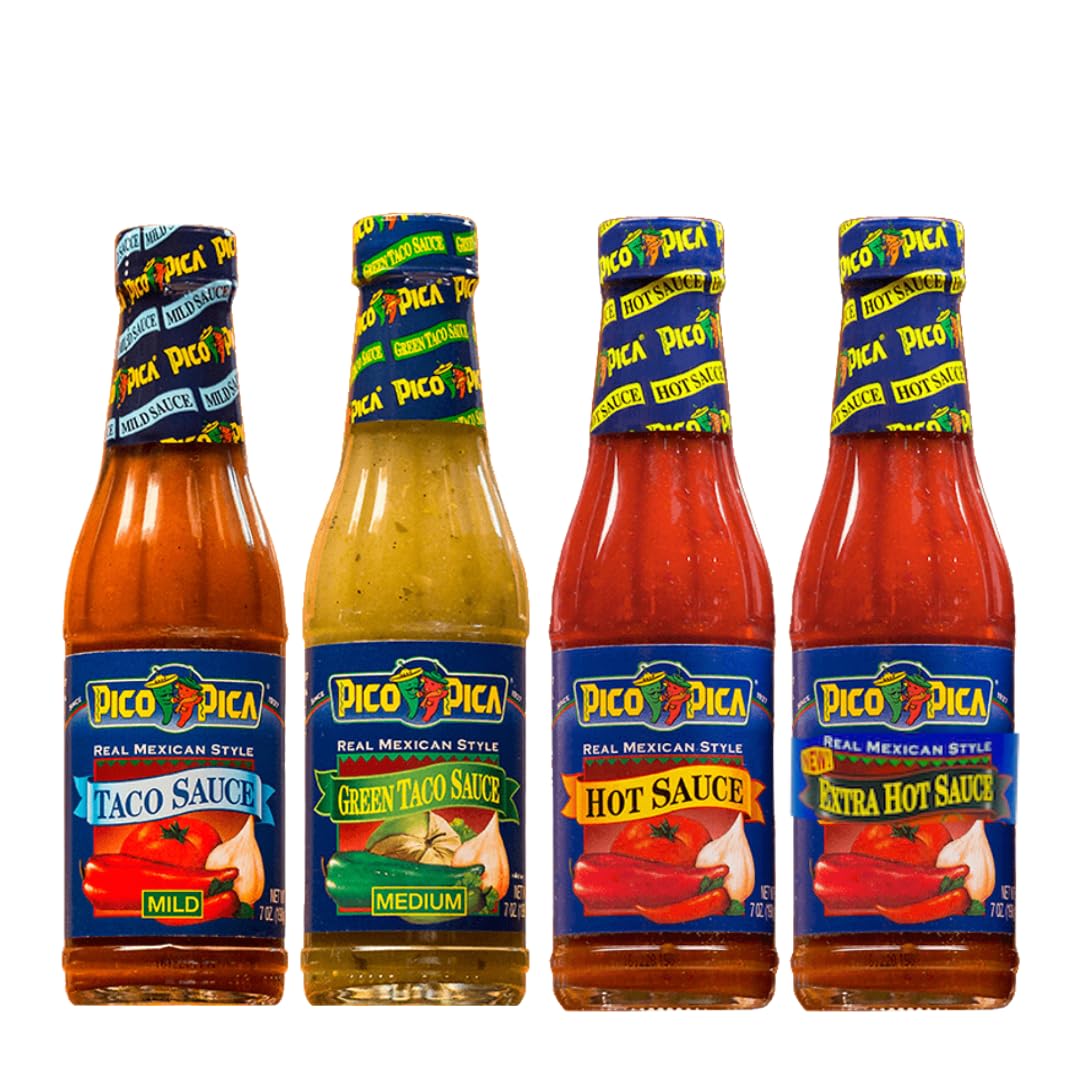Pico Pica Hot Sauce Variety Pack - 4 Bottles (7oz Each) - Original, Green, Red & Extra Hot Flavors - Perfect for Tacos, Wings & Spicy Food Lovers