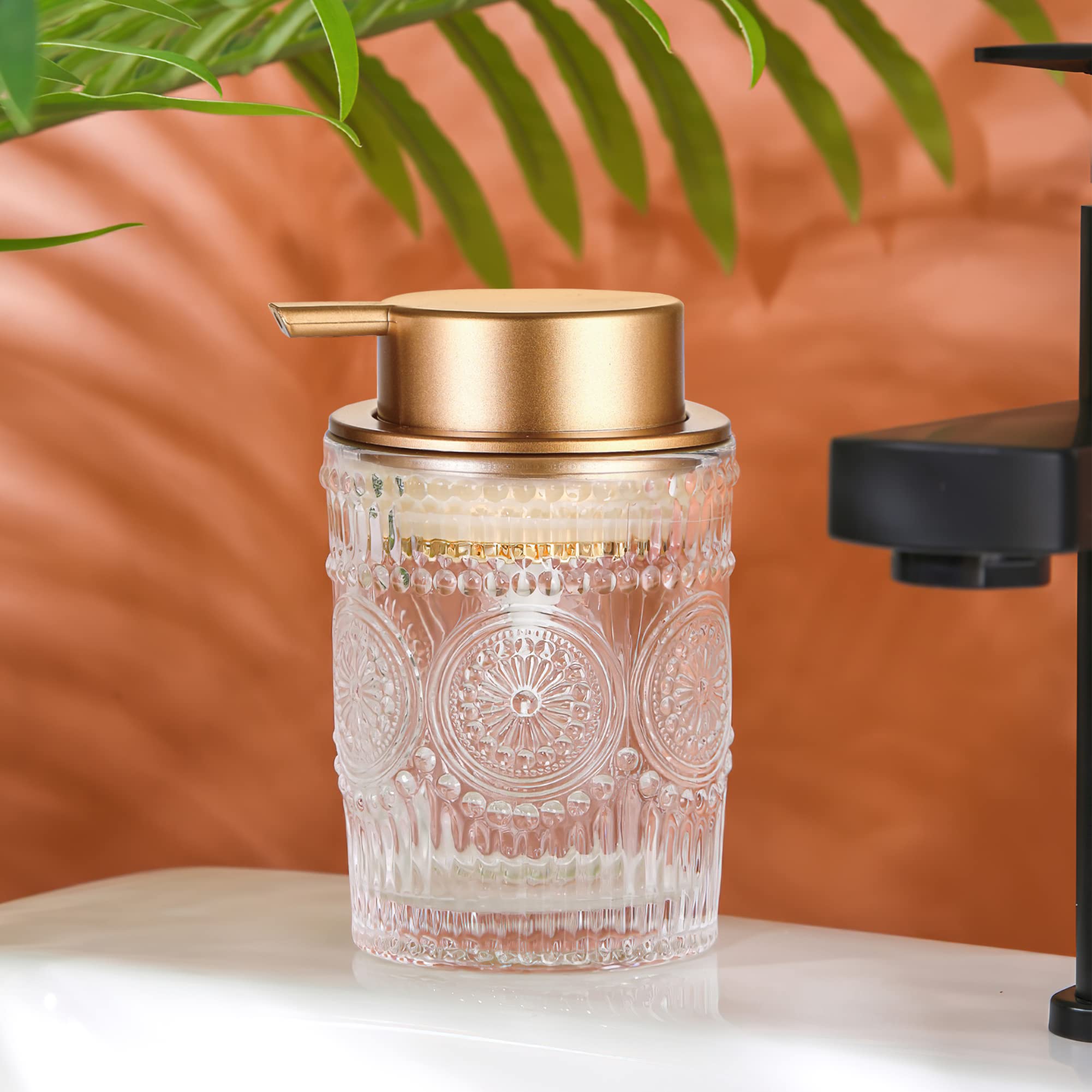 8 Oz Clear Glass Soap Dispenser with Gold Plastic Pump - Refillable Round Hand Lotion Bottle for Kitchen Sink & Bathroom Counter | Dish Soap & Liquid Soap Storage Solution for Home & Office Use