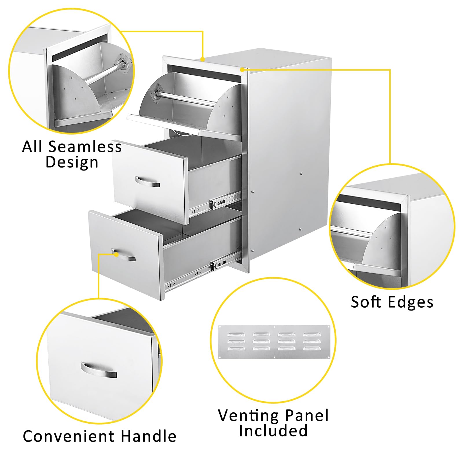 Stainless Steel Triple BBQ Drawers for Outdoor Kitchen Island - 17W x 30H x 21D Inch with Paper Towel Holder | Perfect for Grilling, Patio Cooking & Backyard Entertaining