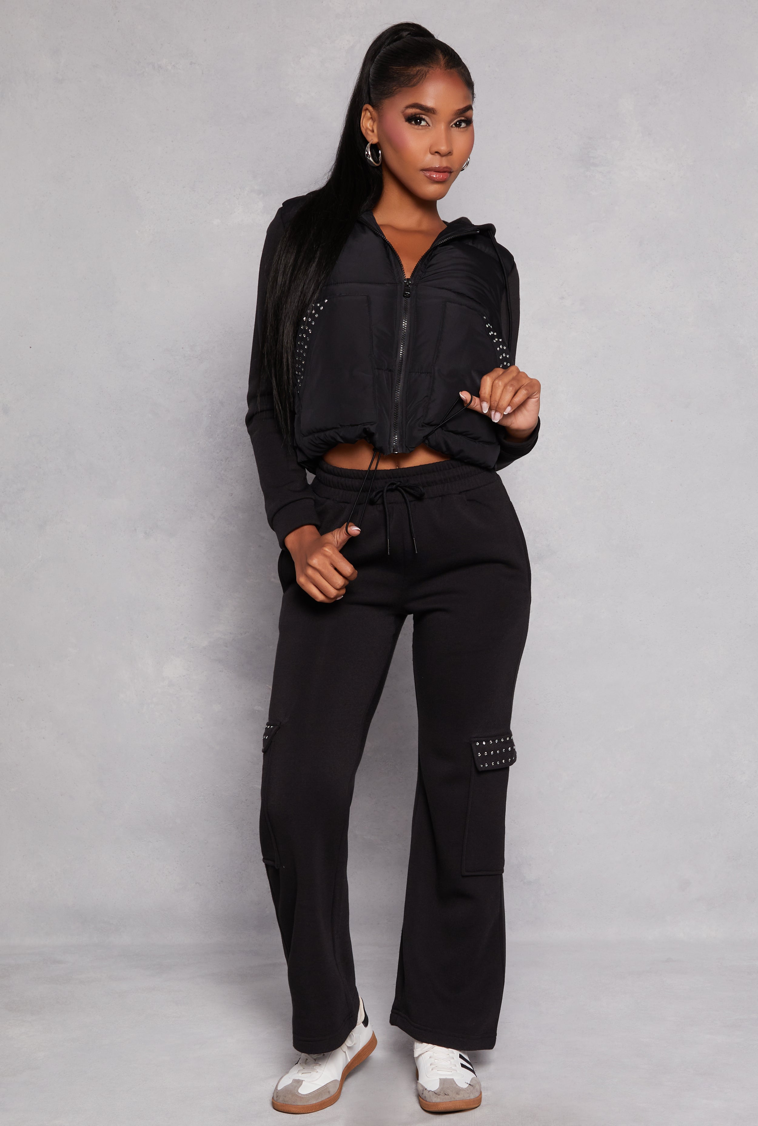 Almost Famous Rhinestone Cargo Pocket Sweatpants for Women - Stylish Joggers with Sparkle Details | Perfect for Lounge, Gym & Streetwear Fashion