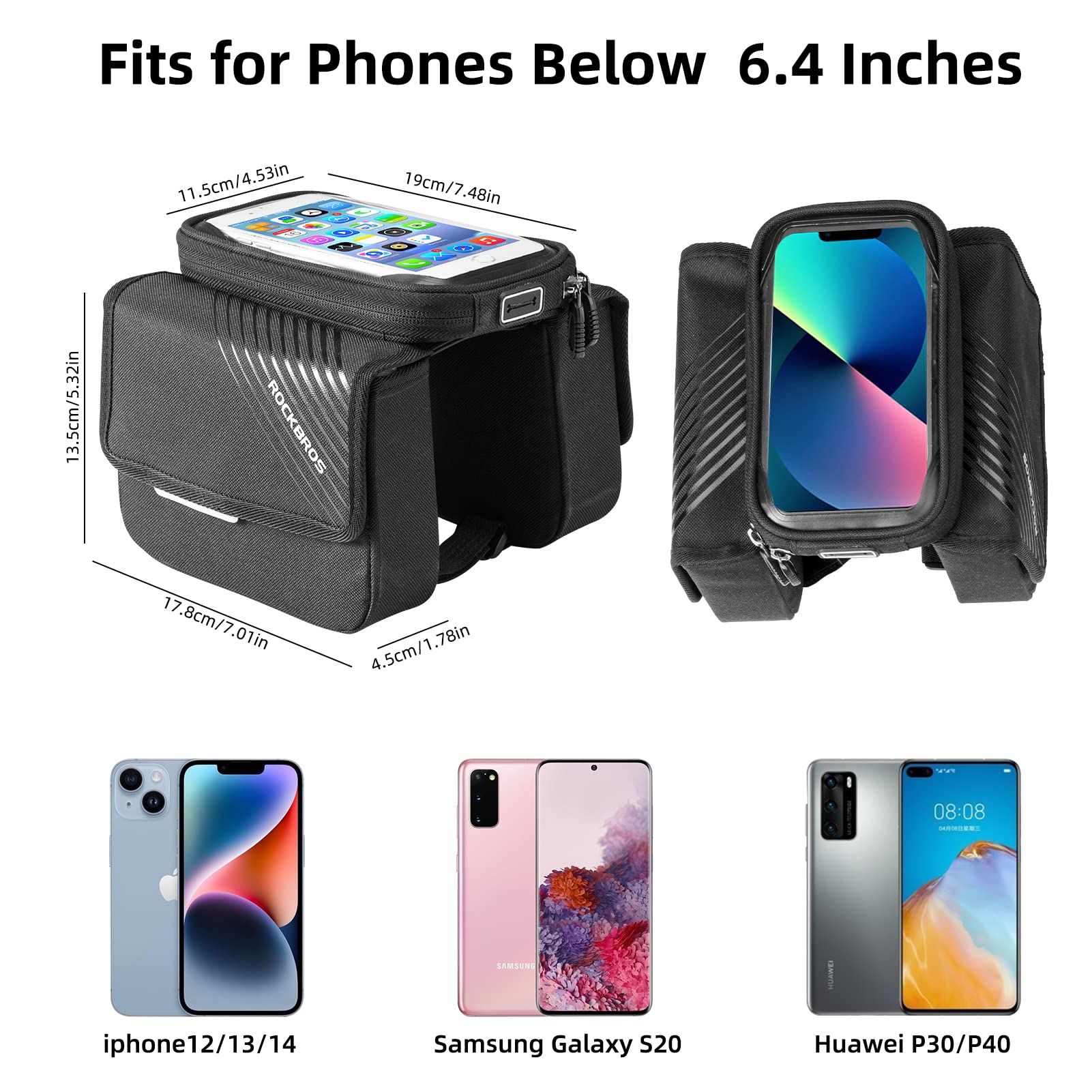 ROCKBROS Waterproof Bike Frame Bag - Large Capacity Top Tube Bicycle Storage Bag with Touchscreen Phone Holder for iPhone X/11/12/13/14 (Under 6.4