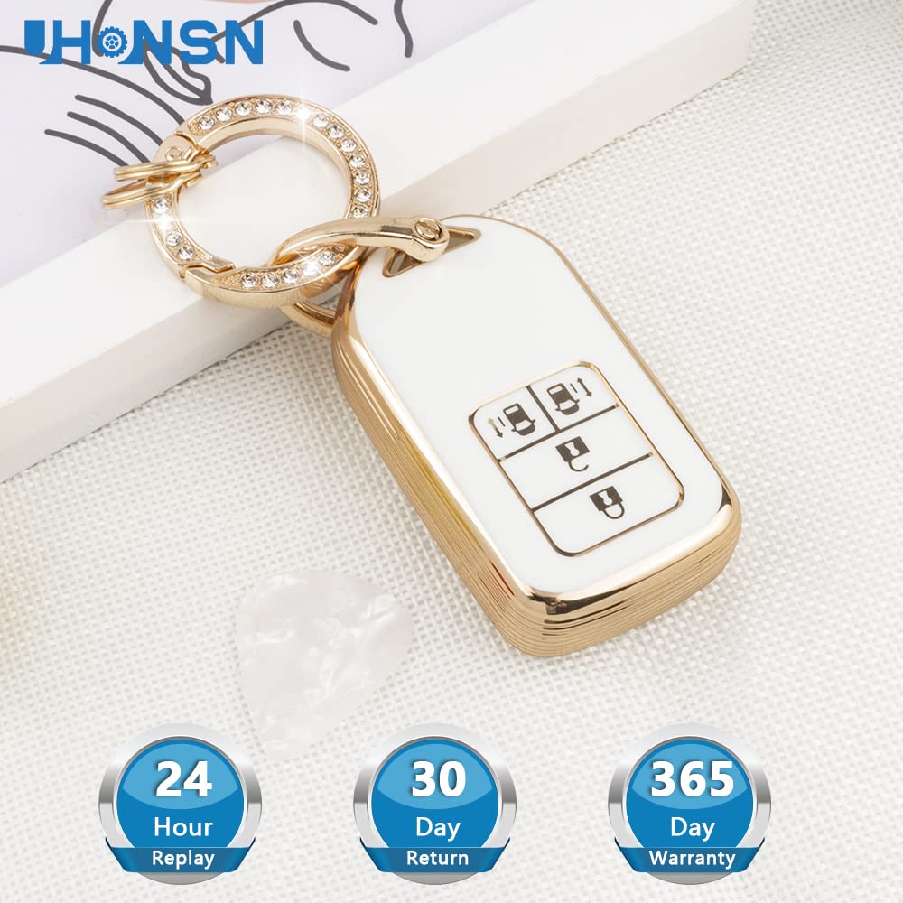 UHONSN Soft TPU Key Fob Cover for Honda Accord Civic CRV Odyssey Pilot - Cute White & Gold Car Key Protector Case Shell with Chain | Durable Accessories for Everyday Use & Gift Giving