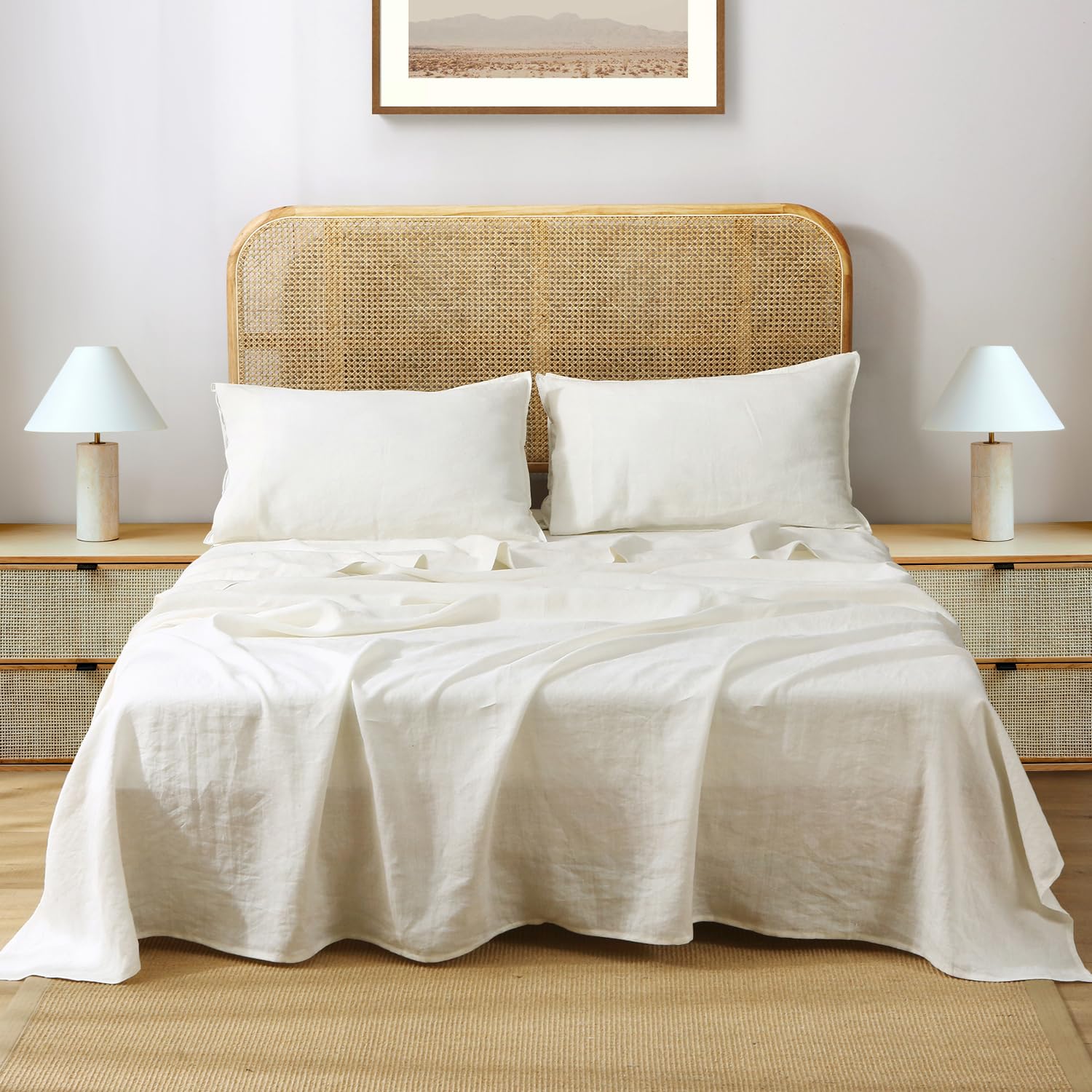 100% Organic French Linen Sheets Set - Queen Size Stone Washed Flax Bedding in Creamy White | Ultra Soft & Breathable | Perfect for Luxury Bedrooms, Guest Rooms & Eco-Friendly Homes