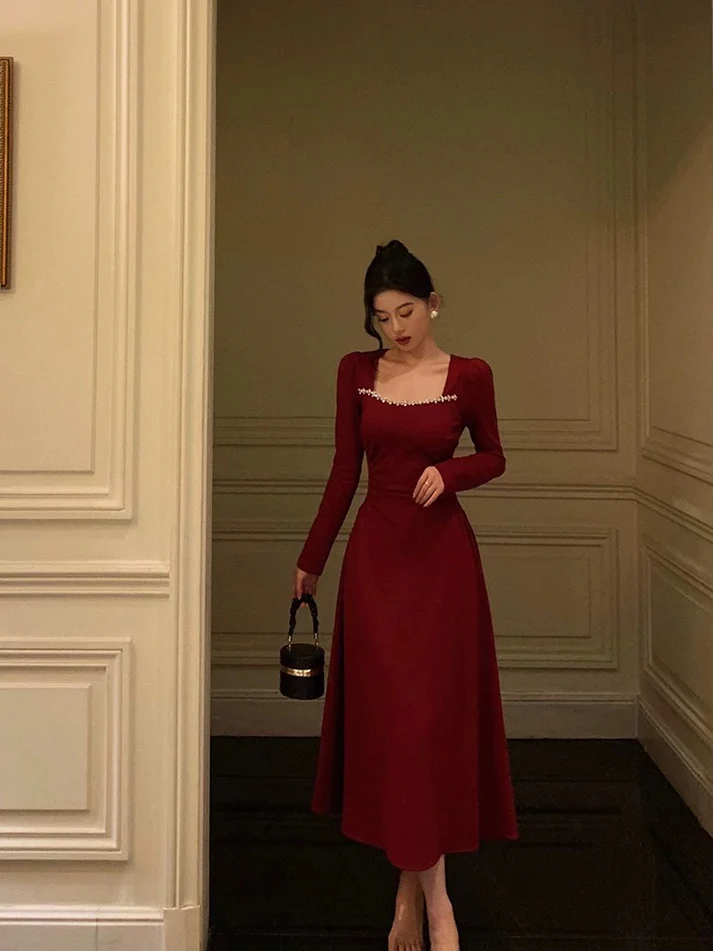 Elegant A-Line Square Neck Long Sleeve Red Evening Gown - Perfect for Birthday Parties, Prom, Cocktail Dresses & Special Occasions