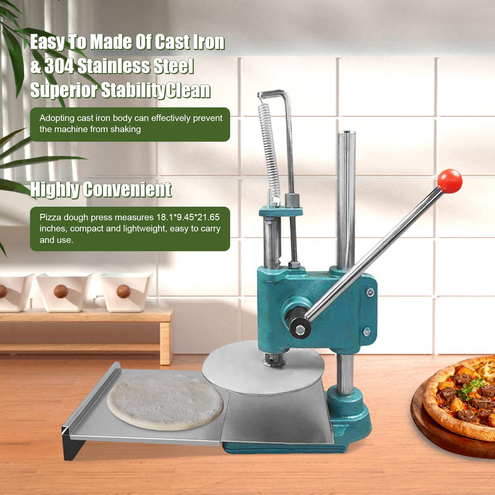 9.5 Inch Stainless Steel Pizza Dough Press - Manual Pastry Dough Sheeter Machine for Homemade Pizza, Flatbread & Pasta | Perfect for Home Kitchens & Pizzerias