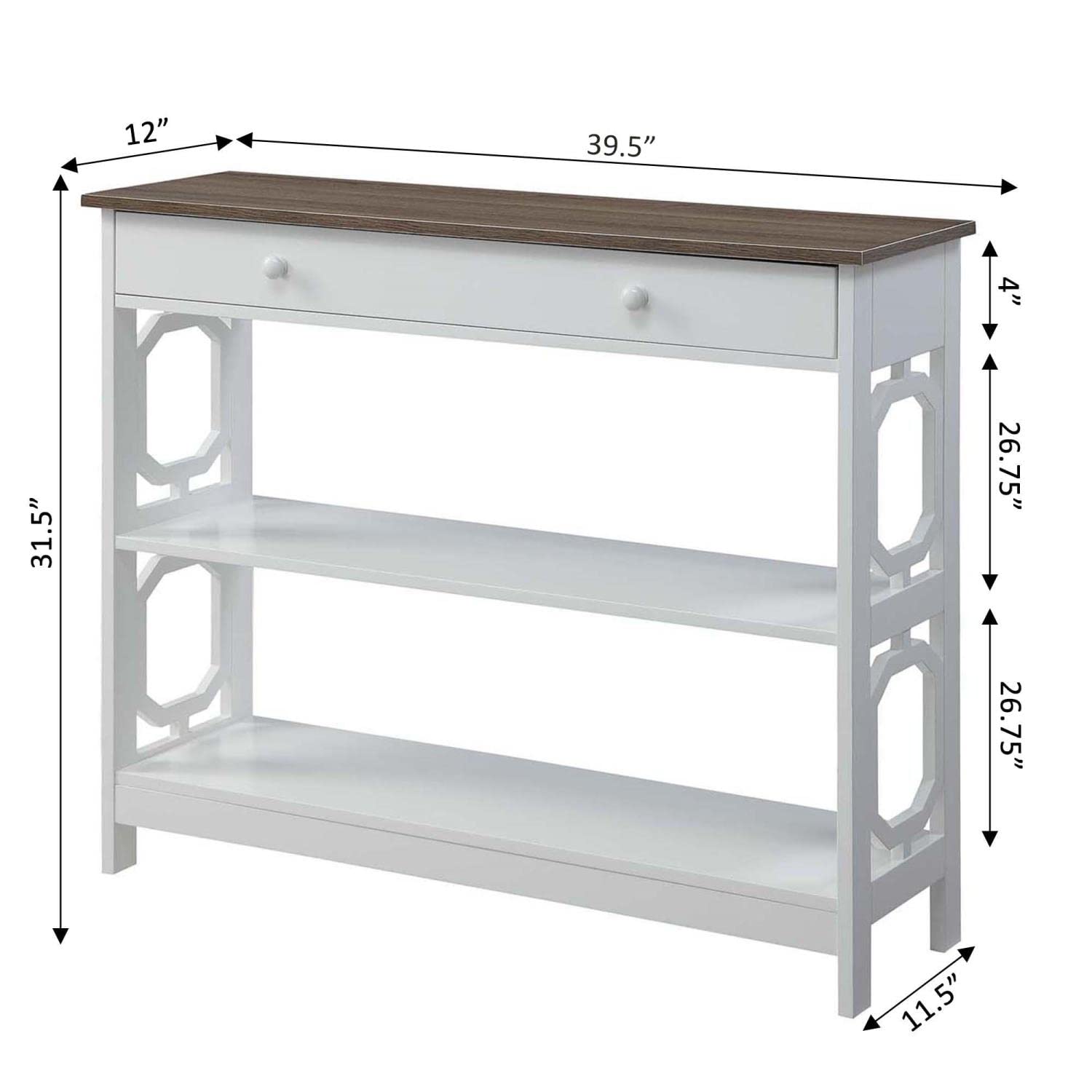 Convenience Concepts Omega 1-Drawer Console Table - Driftwood Top & White Frame - Entryway Sofa Table for Living Room, Hallway, or Bedroom Decor