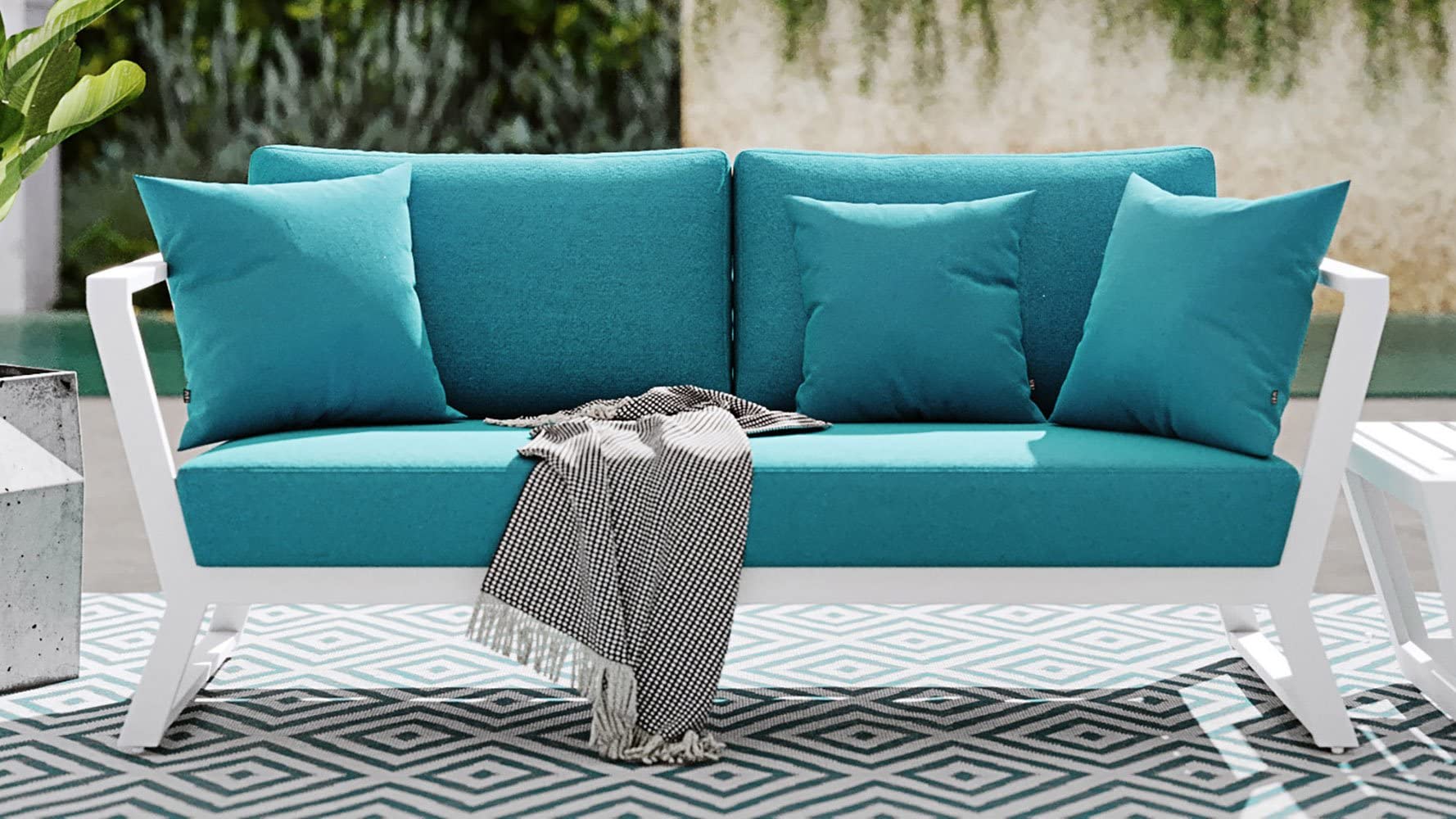 ZURI Modern Outdoor Patio Stainless Steel Sofa Set with Quick-Dry Cushions - White & Teal - Weather-Resistant Garden Furniture for Poolside, Deck, and Backyard Relaxation