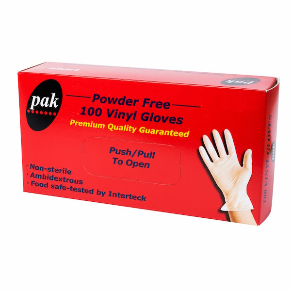 PAK Vinyl Clear Powder Free Gloves - 100 Pack, Disposable Food Safe Gloves for Cooking, Cleaning & Medical Use