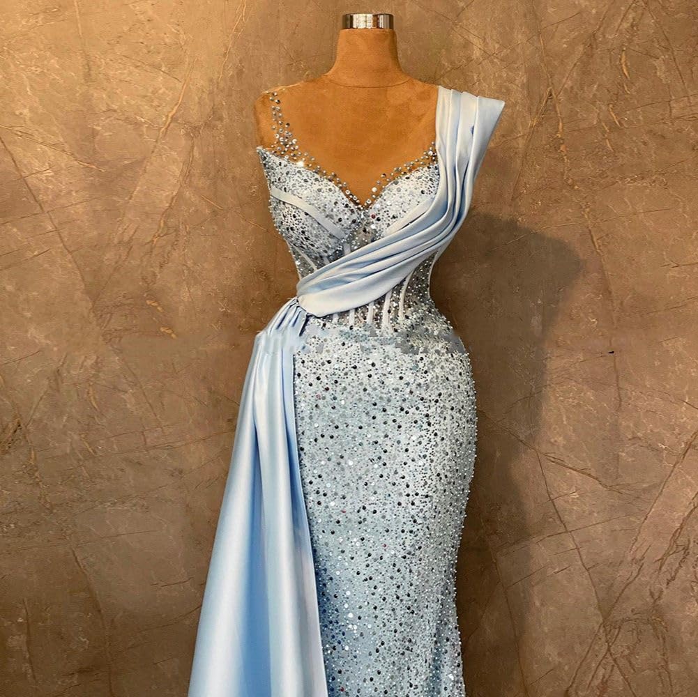Engerla Women's Sleeveless Sequin Mermaid Evening Dress with Lace & Pearl Details - Elegant Prom, Bridal & Bridesmaid Gown for Weddings, Parties & Special Occasions