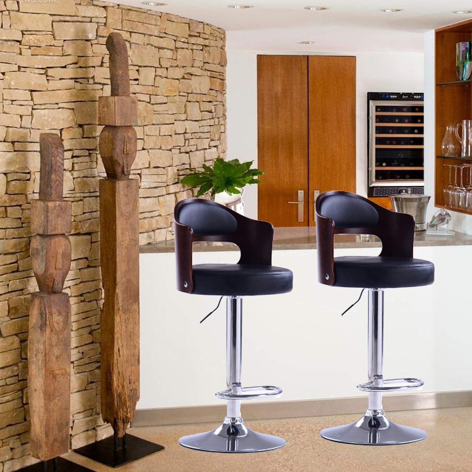 LIYUEUS 3-Piece Adjustable Swivel Bar Stool Set with Footrest - Counter Height Bar Chairs with Brown Pattern Back - Perfect for Kitchen Island, Breakfast Nook & Home Bar (Black)