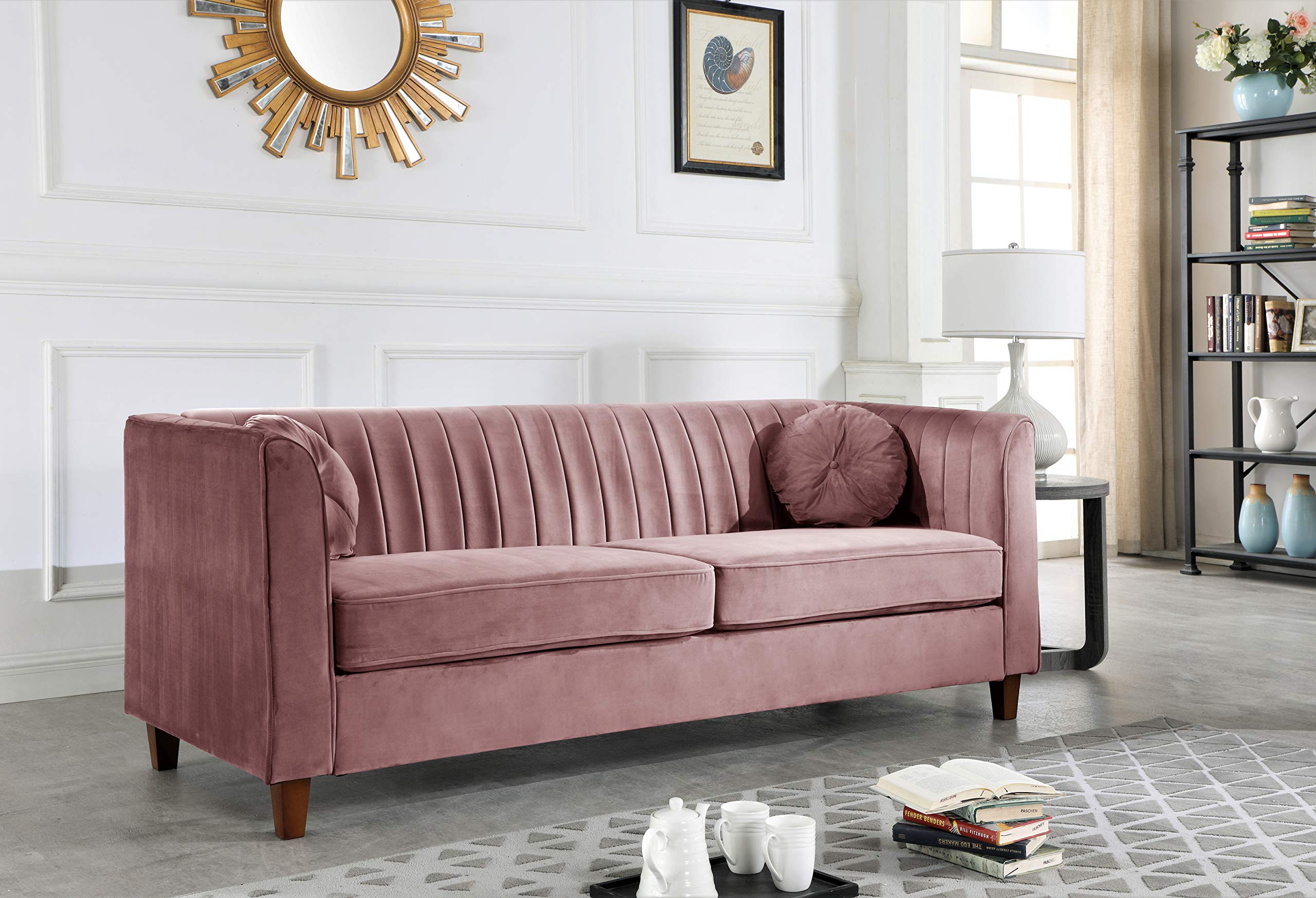 Arvilla Velvet Sofa with Bolster Pillows - Soft Upholstered Mid-Century Modern Chesterfield Style Couch for Living Room in Salmon Pink | Perfect for Lounge, Family Room & Apartment Decor